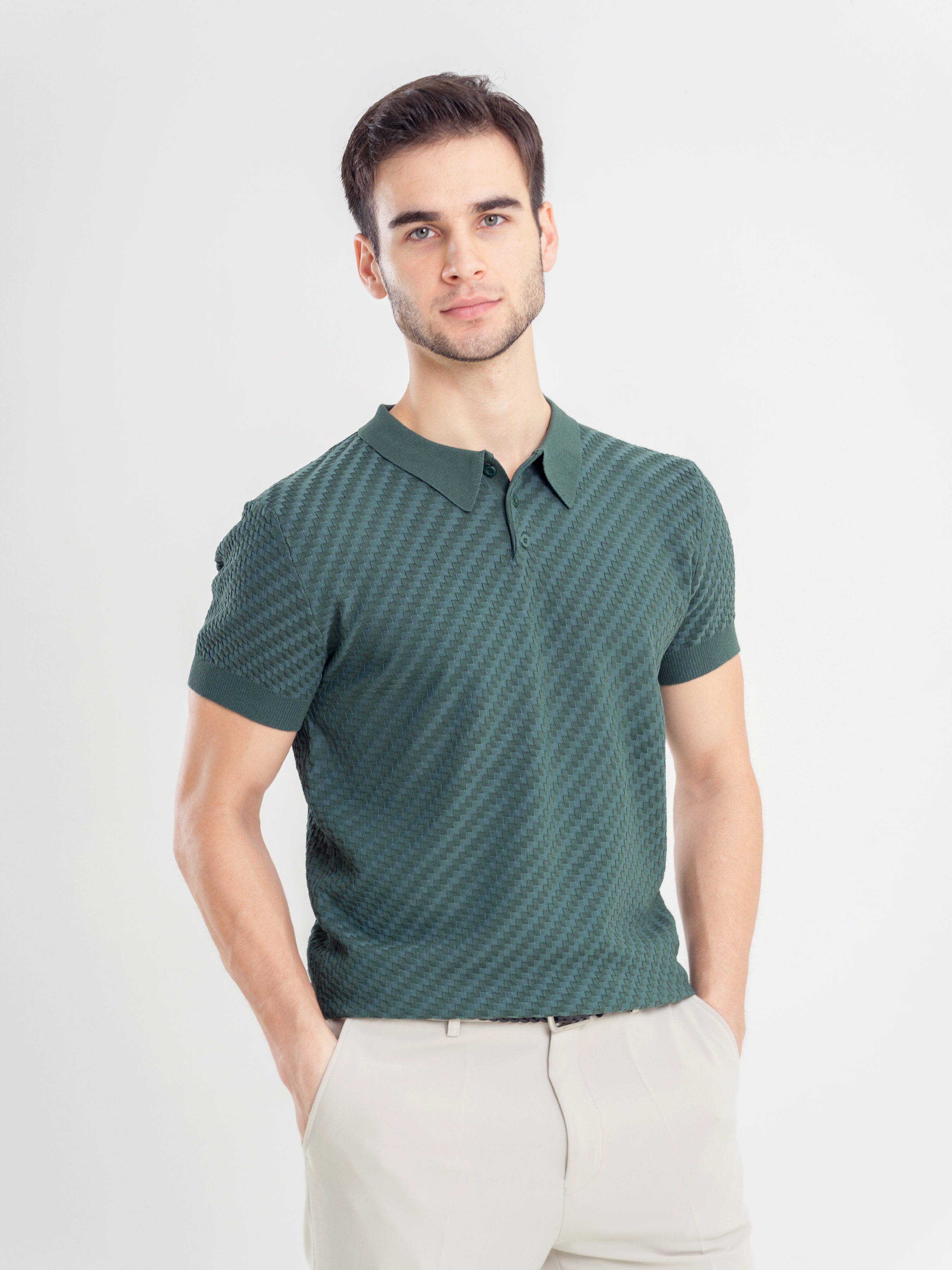 Basketweave Knit Polo Tee - Forest Green