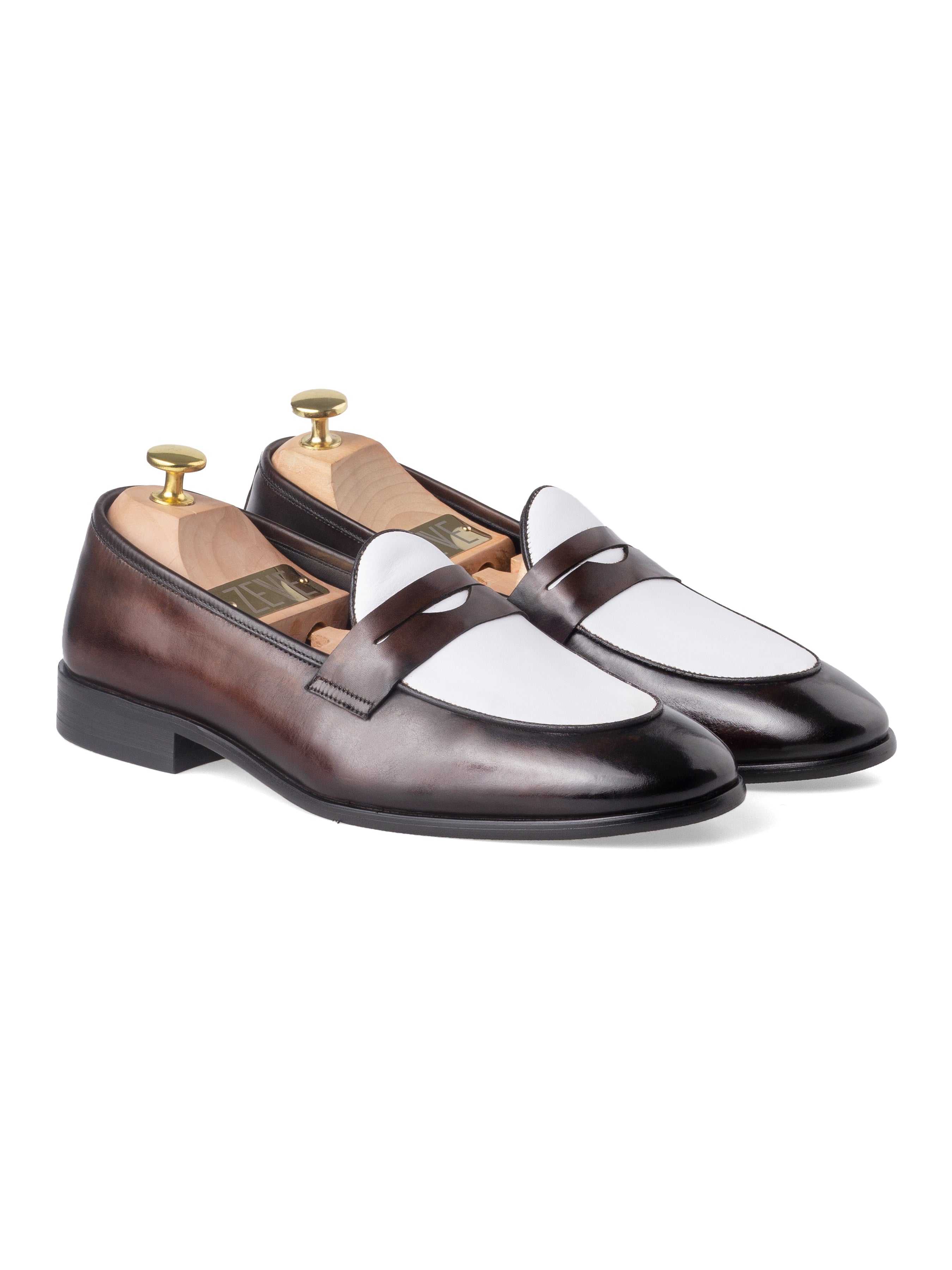 Belgian Loafer Penny Duo - Coffee Patina & White (Hand Painted Patina)