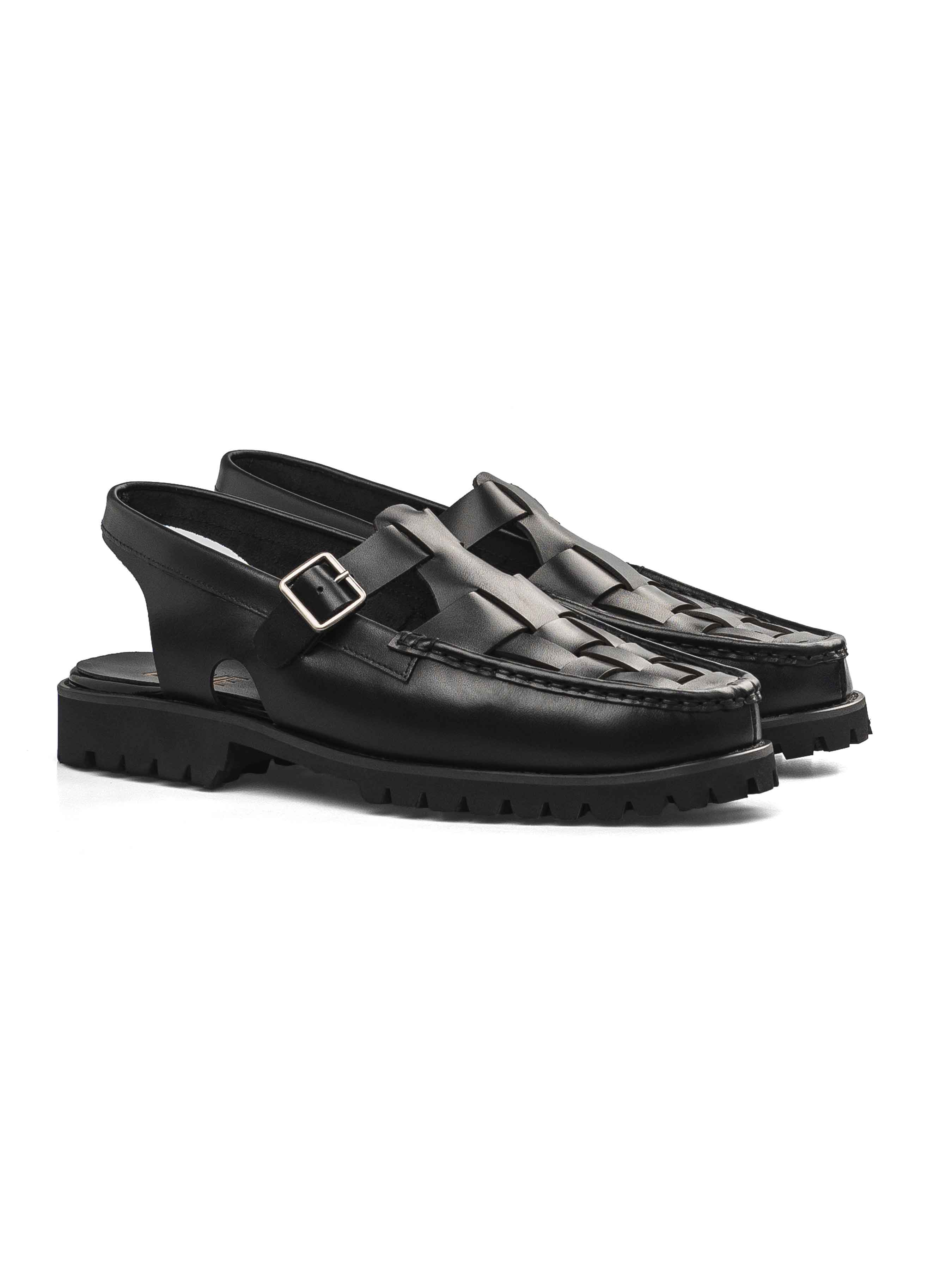 Perry Weave Sandal - Solid Black Leather (Chunky Sole)