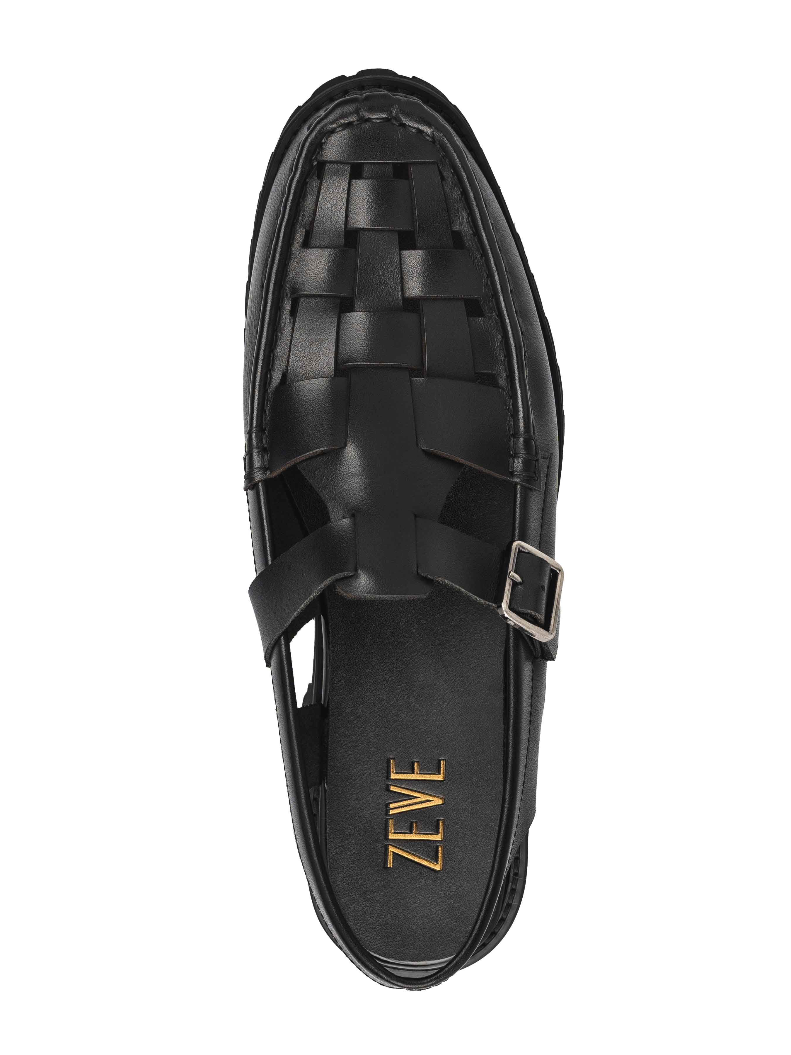 Perry Weave Sandal - Solid Black Leather (Chunky Sole)