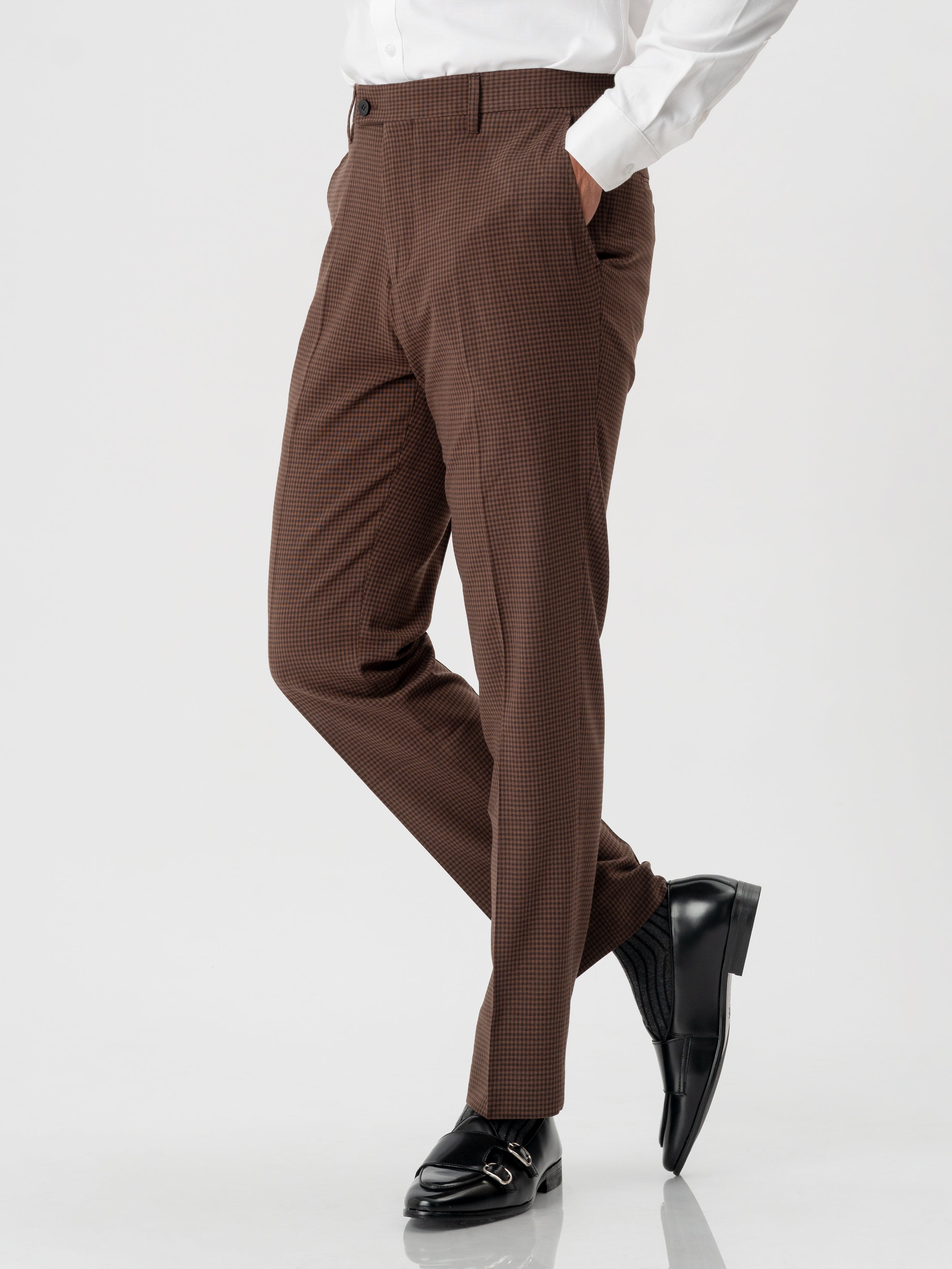 Trousers With Belt Loop - Coffee Plaid (Stretchable)