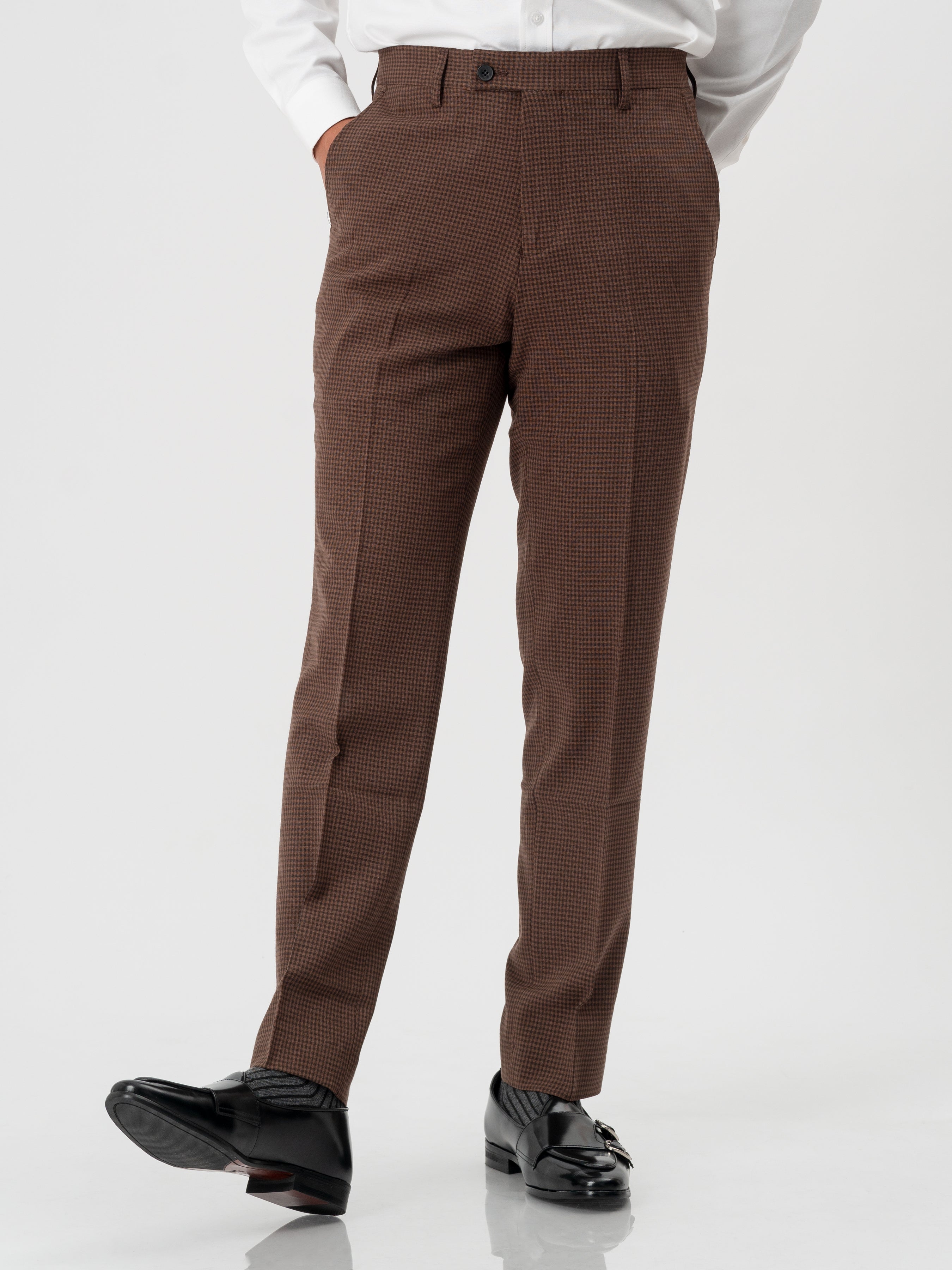 Trousers With Belt Loop - Coffee Plaid (Stretchable)