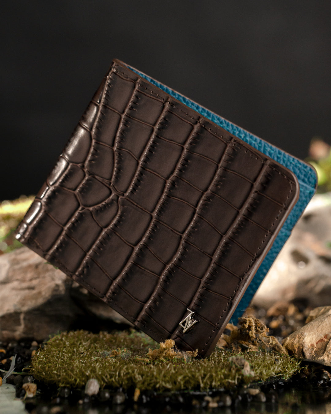 Artemis Croco Wallet - Coffee and Dark Turquoise Leather