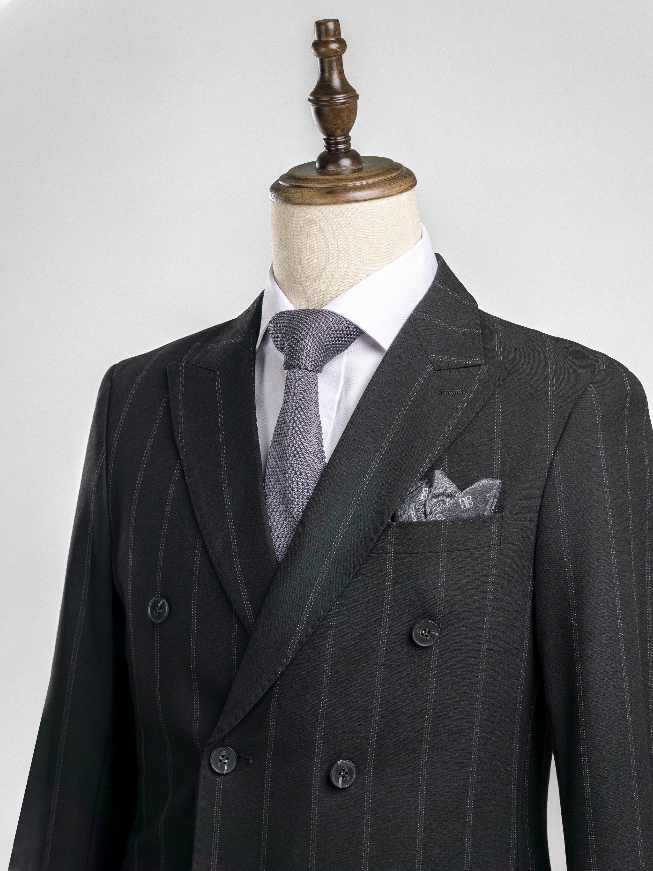 Double Breasted Suit Blazer - Black Wide Stripes (Peak Lapel)