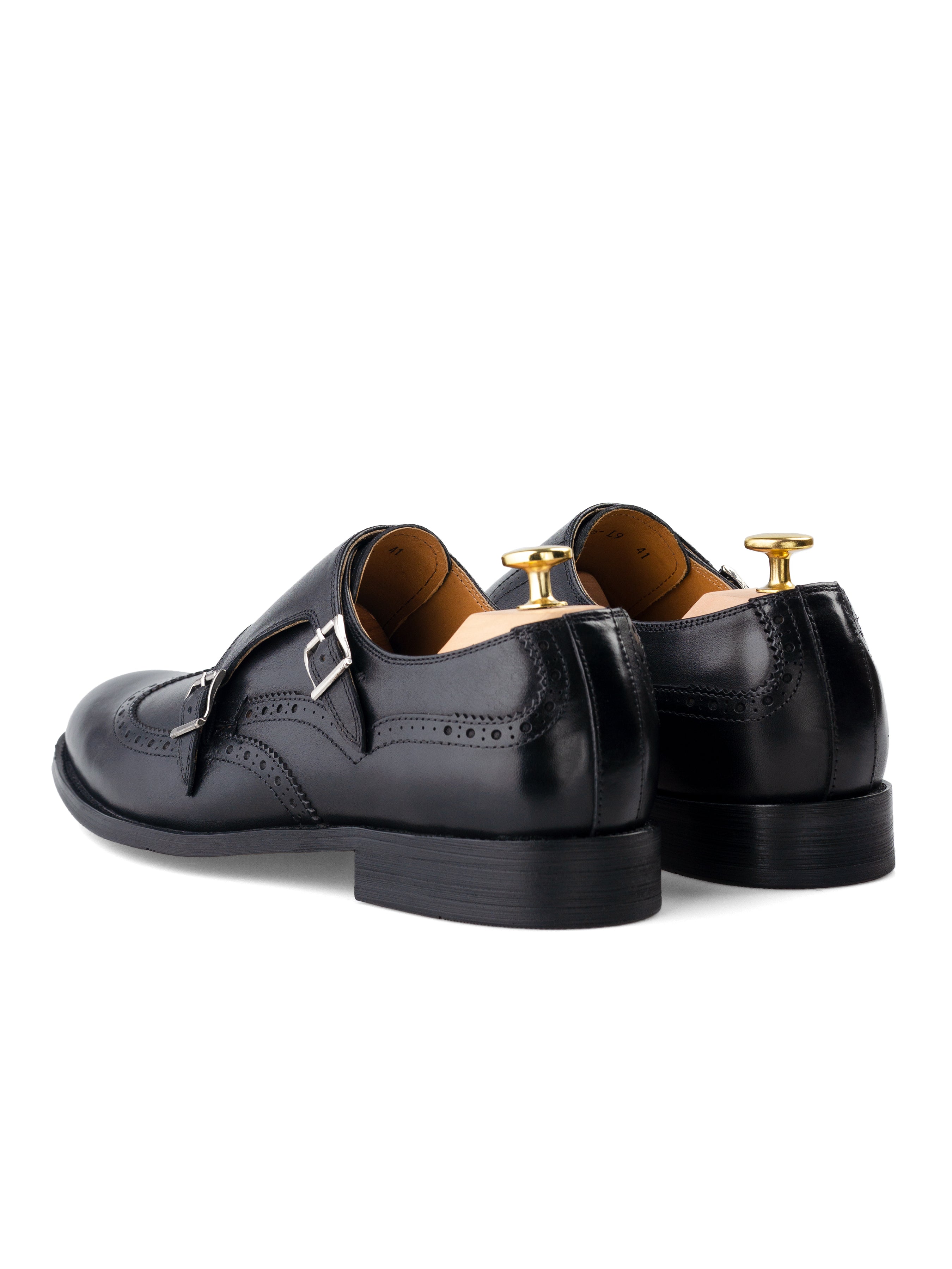Double Monk Strap Brogue Wingtip - Solid Black (Hand Painted Patina)