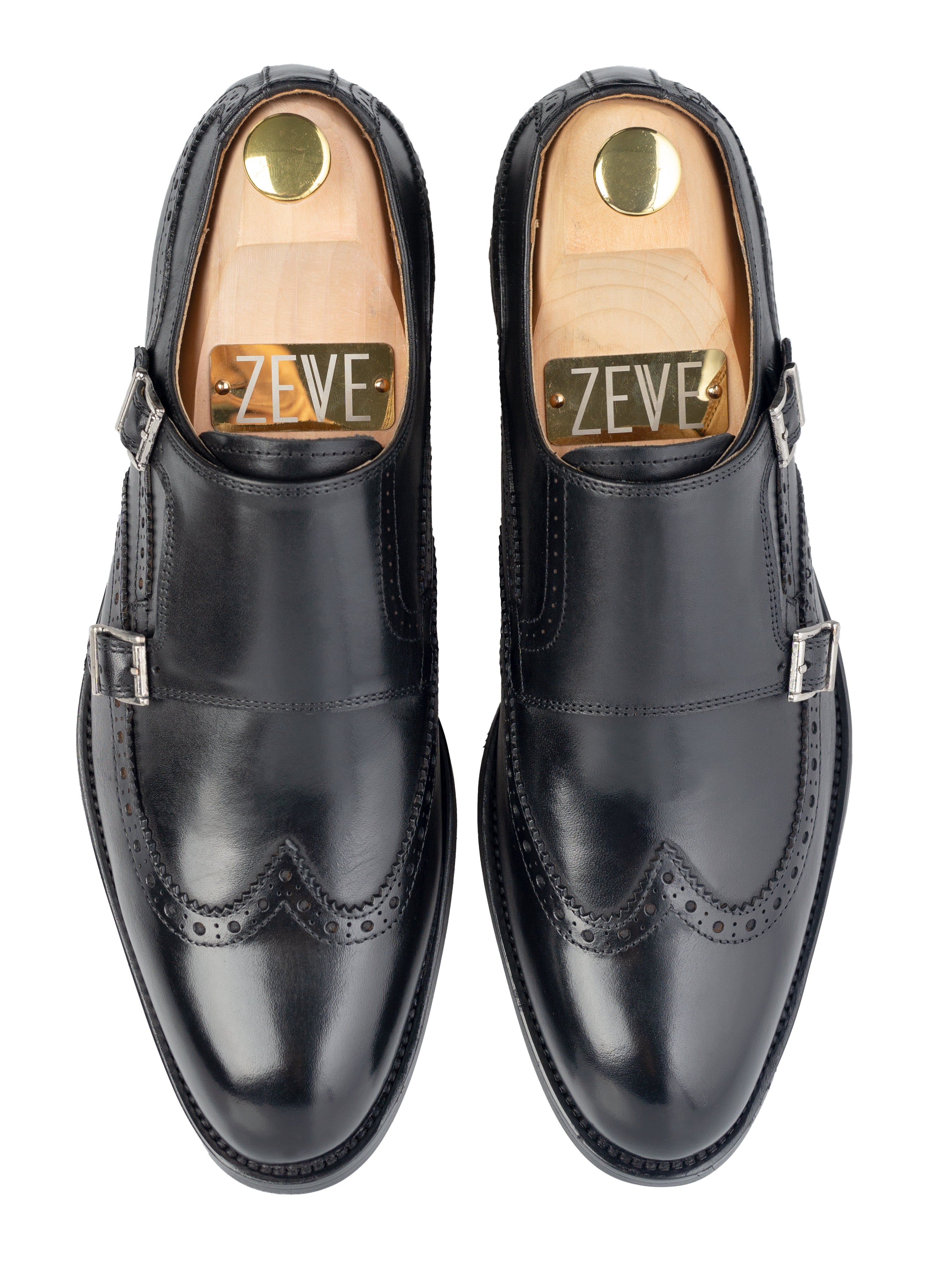 Double Monk Strap Brogue Wingtip - Solid Black (Hand Painted Patina)