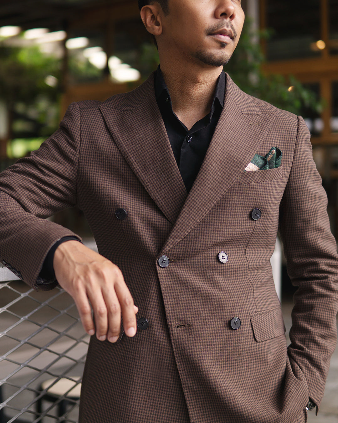 Double Breasted Suit Blazer - Coffee Plaid (Peak Lapel)