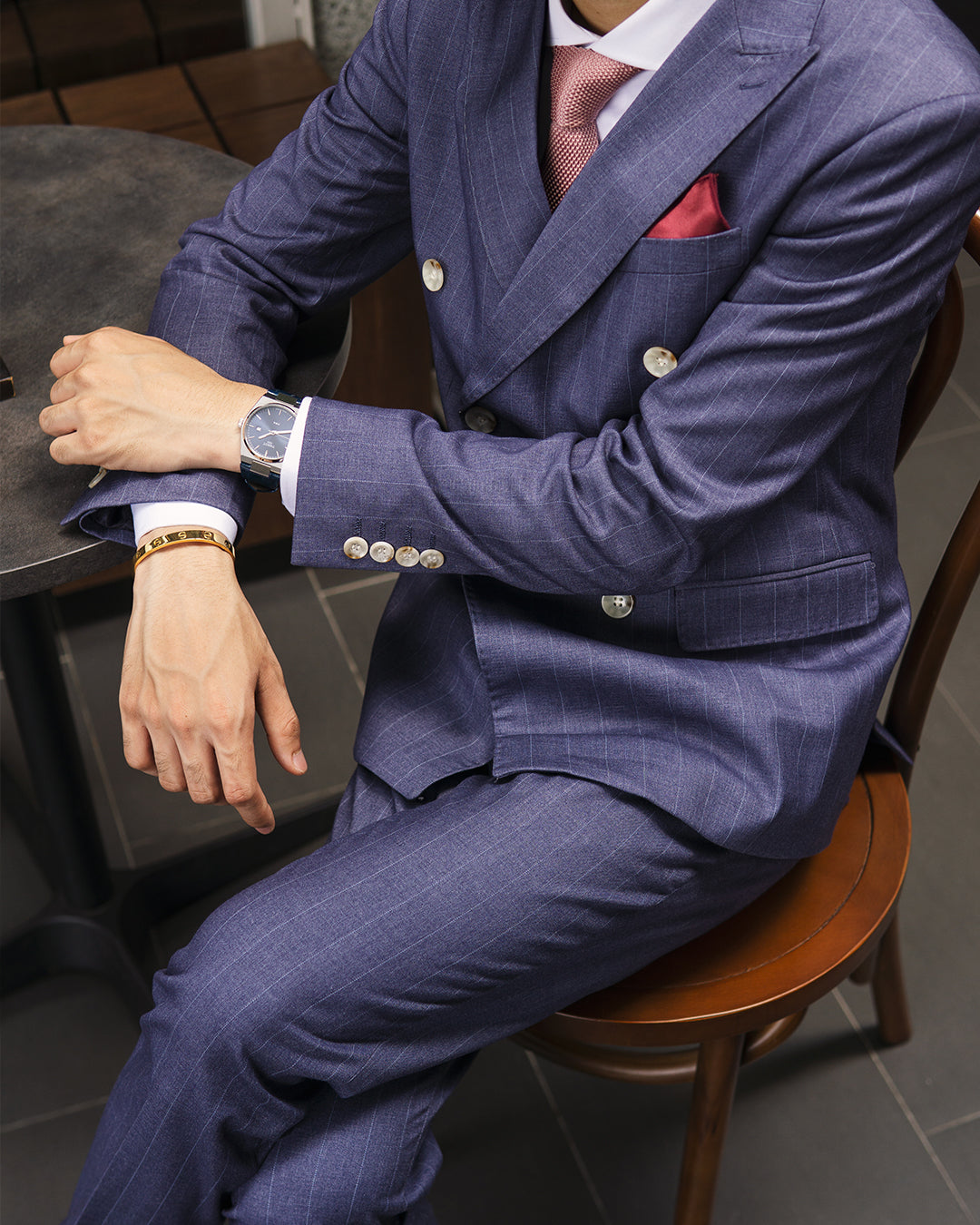 Double Breasted Suit Blazer - Iris Blue Stripes (Peak Lapel)