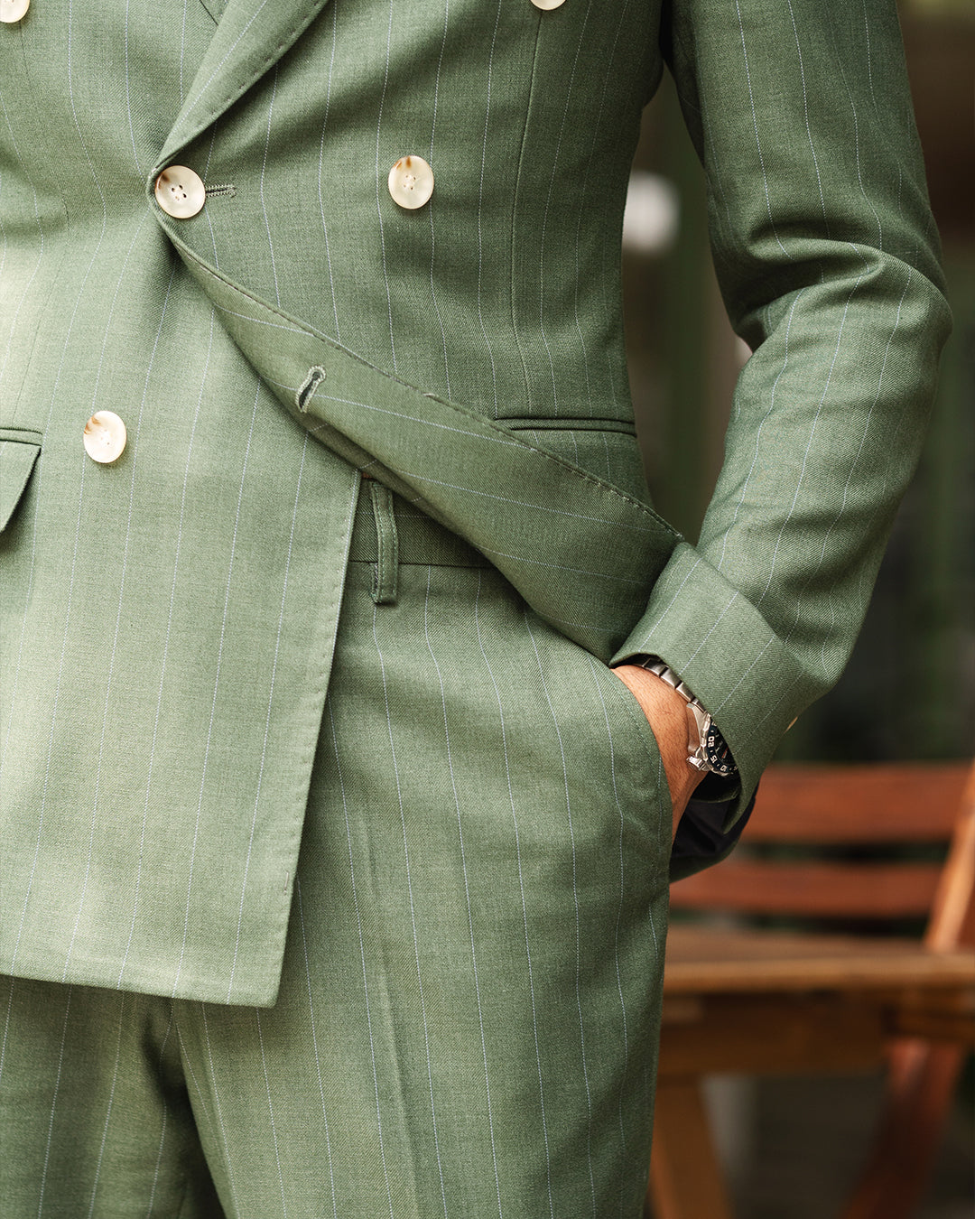 Double Breasted Suit Blazer - Moss Green Stripes (Peak Lapel)