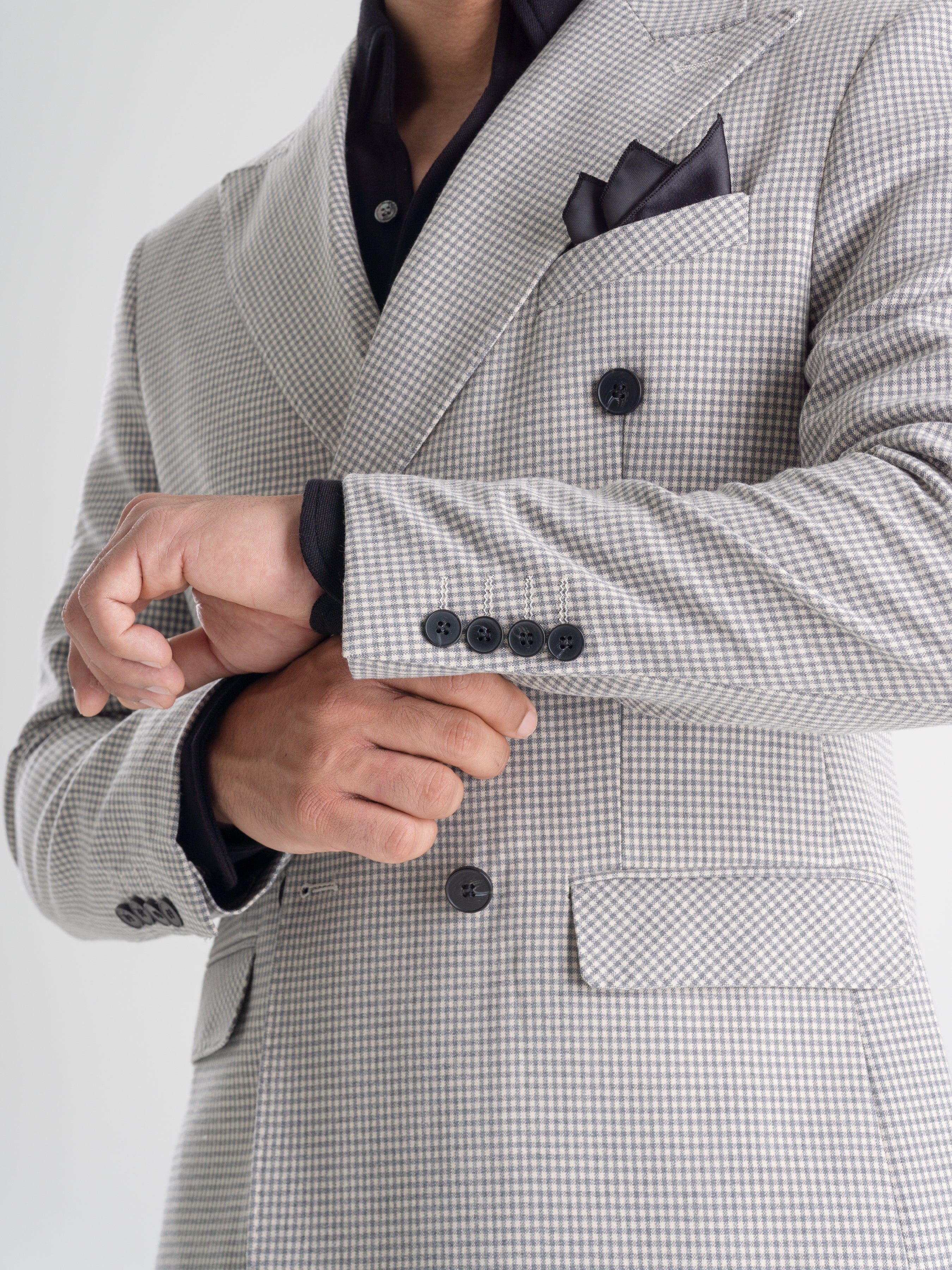 Double Breasted Suit Blazer - Ash Grey Plaid (Peak Lapel)