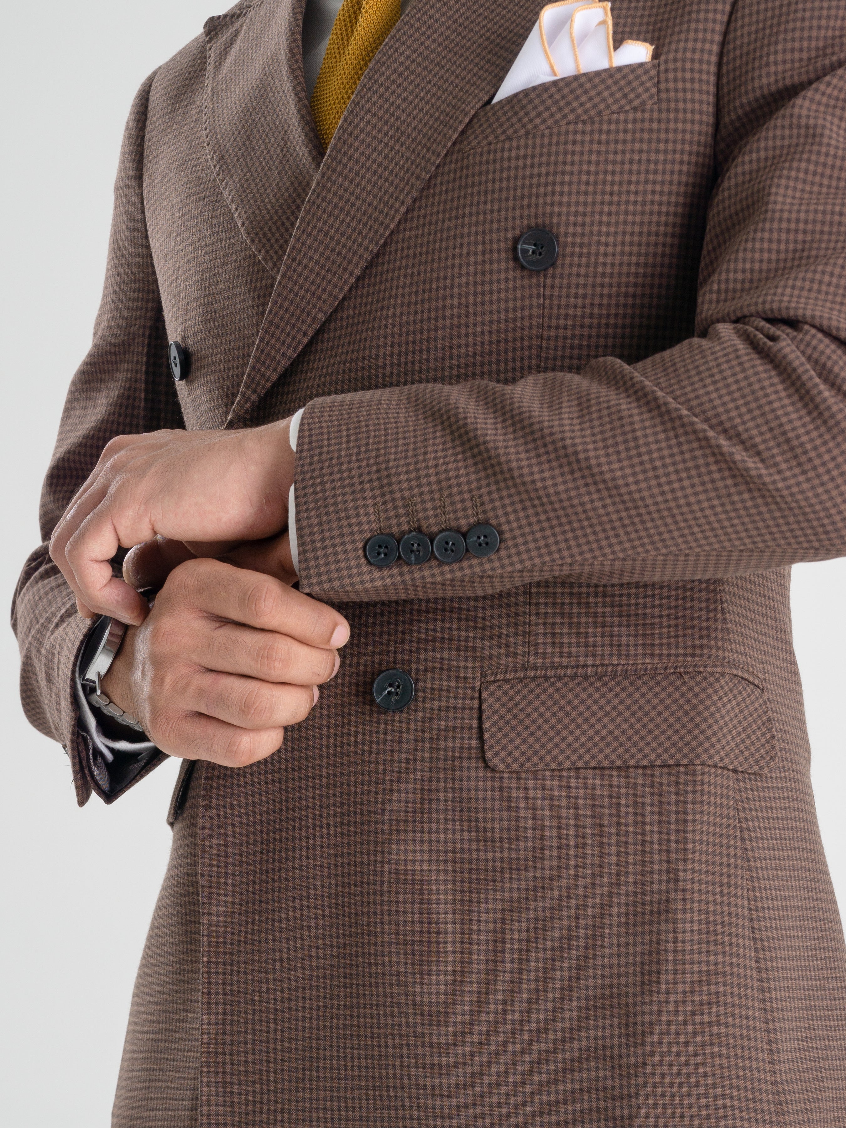 Double Breasted Suit Blazer - Coffee Plaid (Peak Lapel)