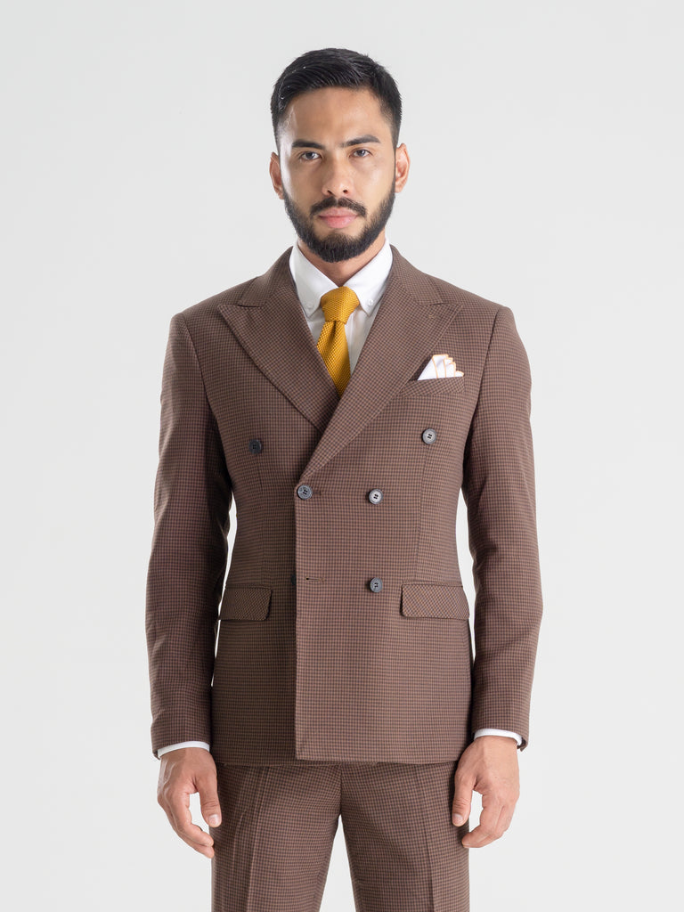 Curved Peak Lapel 3x6 Double Breasted Jacket - Brown