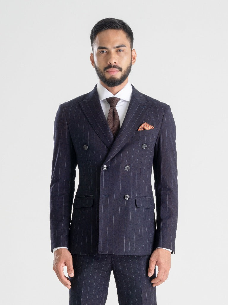 Double Breasted Suit Blazer - Deep Blue Stripes (Peak Lapel)