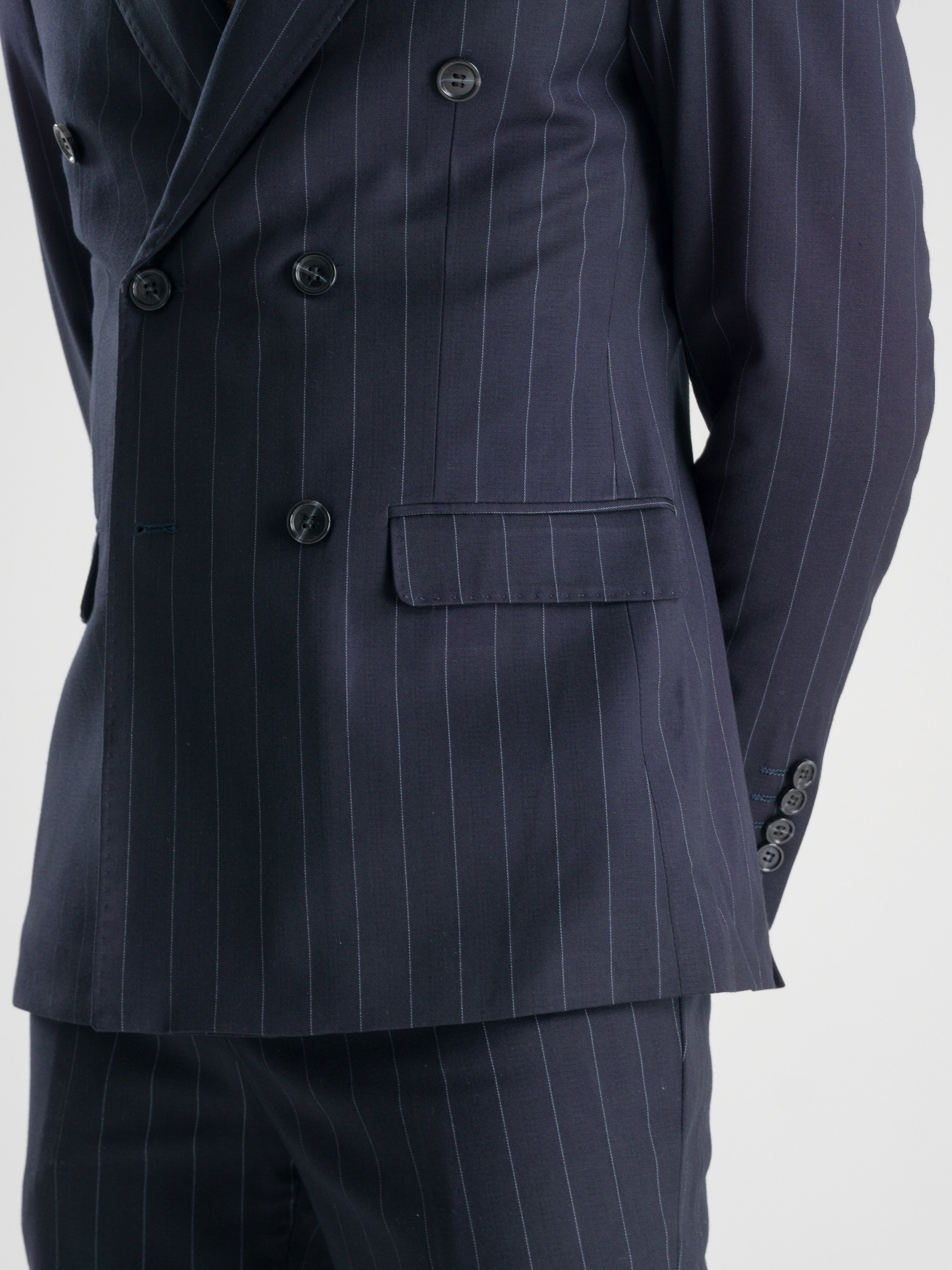 Double Breasted Suit Blazer - Deep Blue Stripes (Peak Lapel)