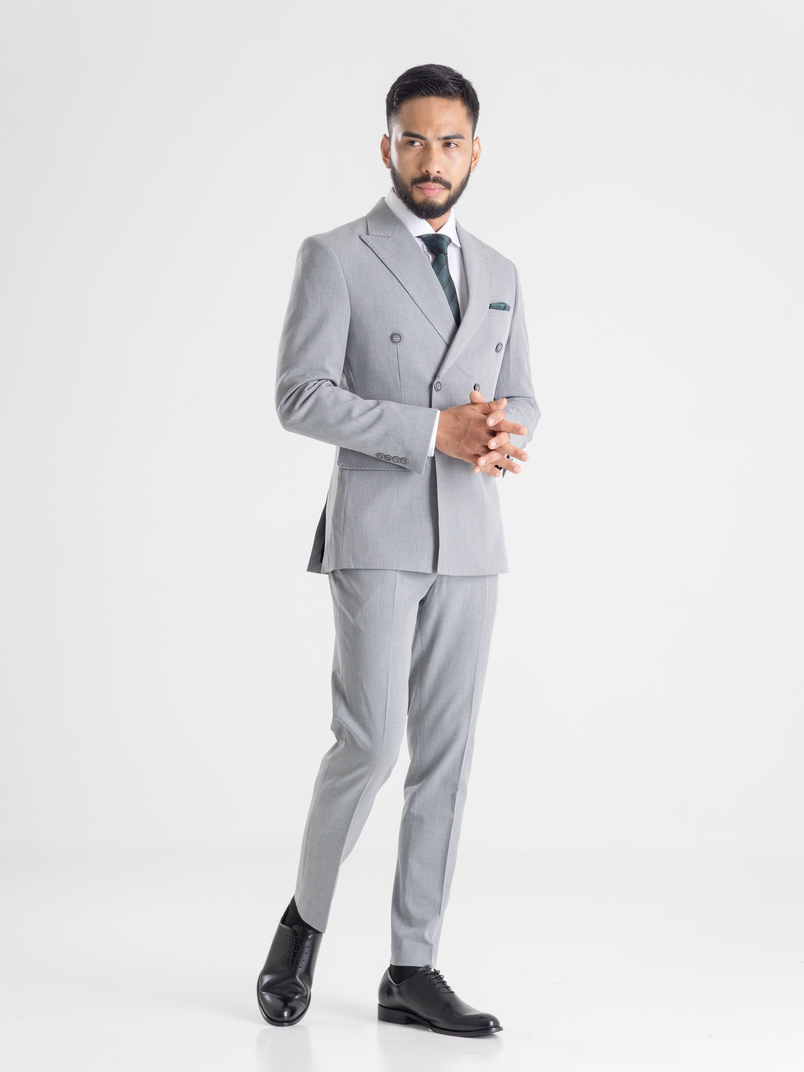 Double Breasted Suit Blazer - Light Grey (Peak Lapel)