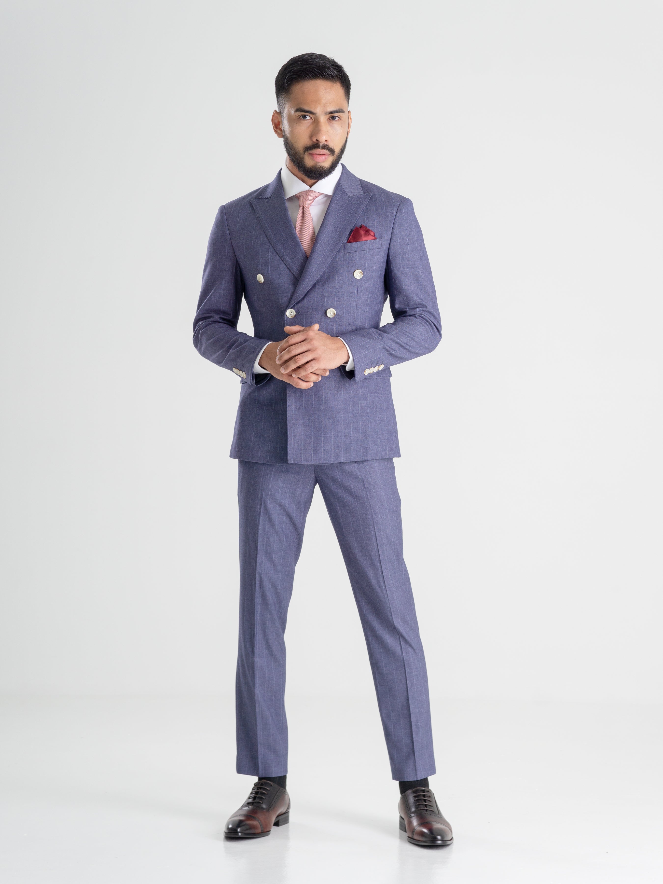 Double Breasted Suit Blazer - Iris Blue Stripes (Peak Lapel)