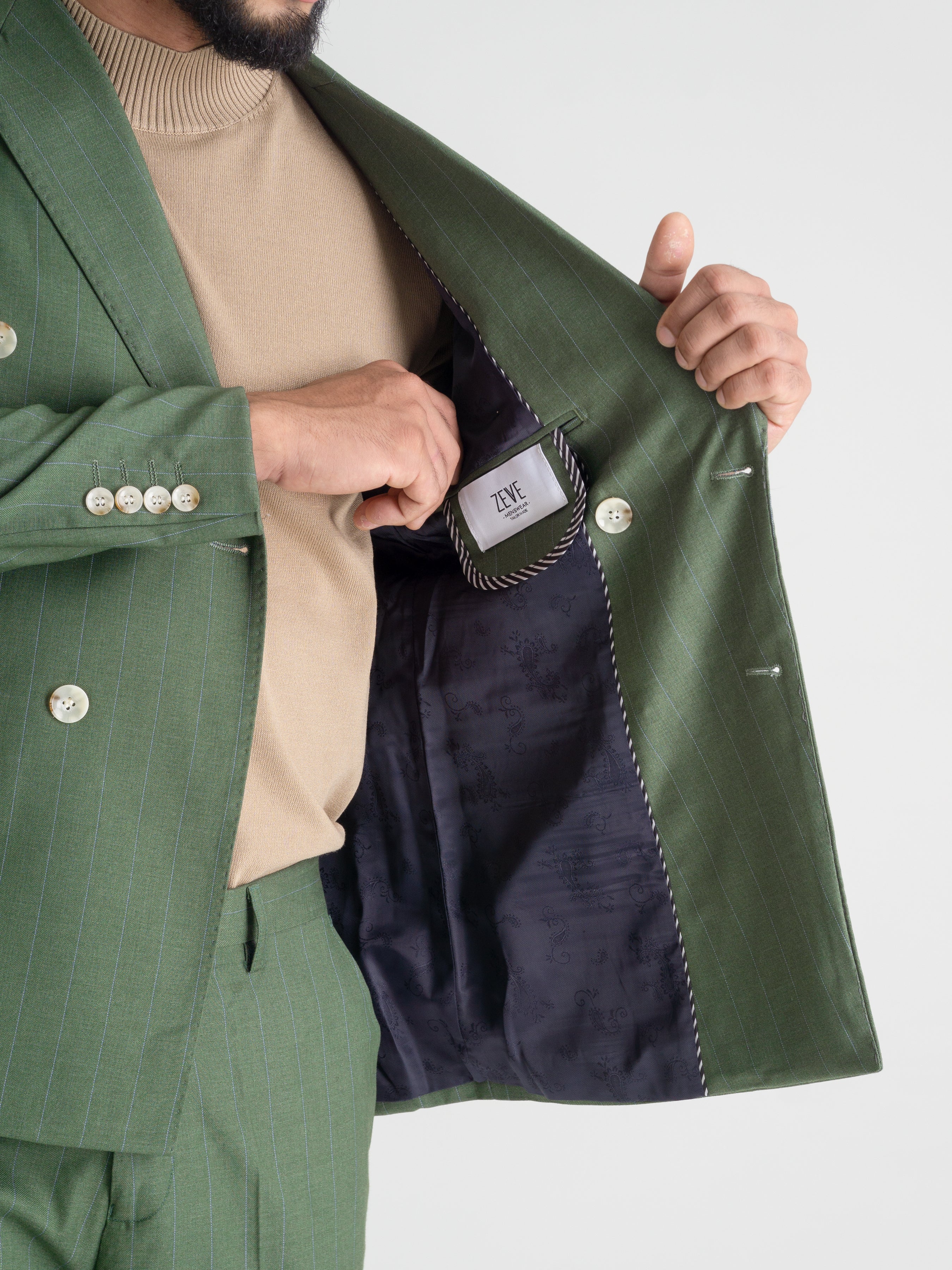 Double Breasted Suit Blazer - Moss Green Stripes (Peak Lapel)