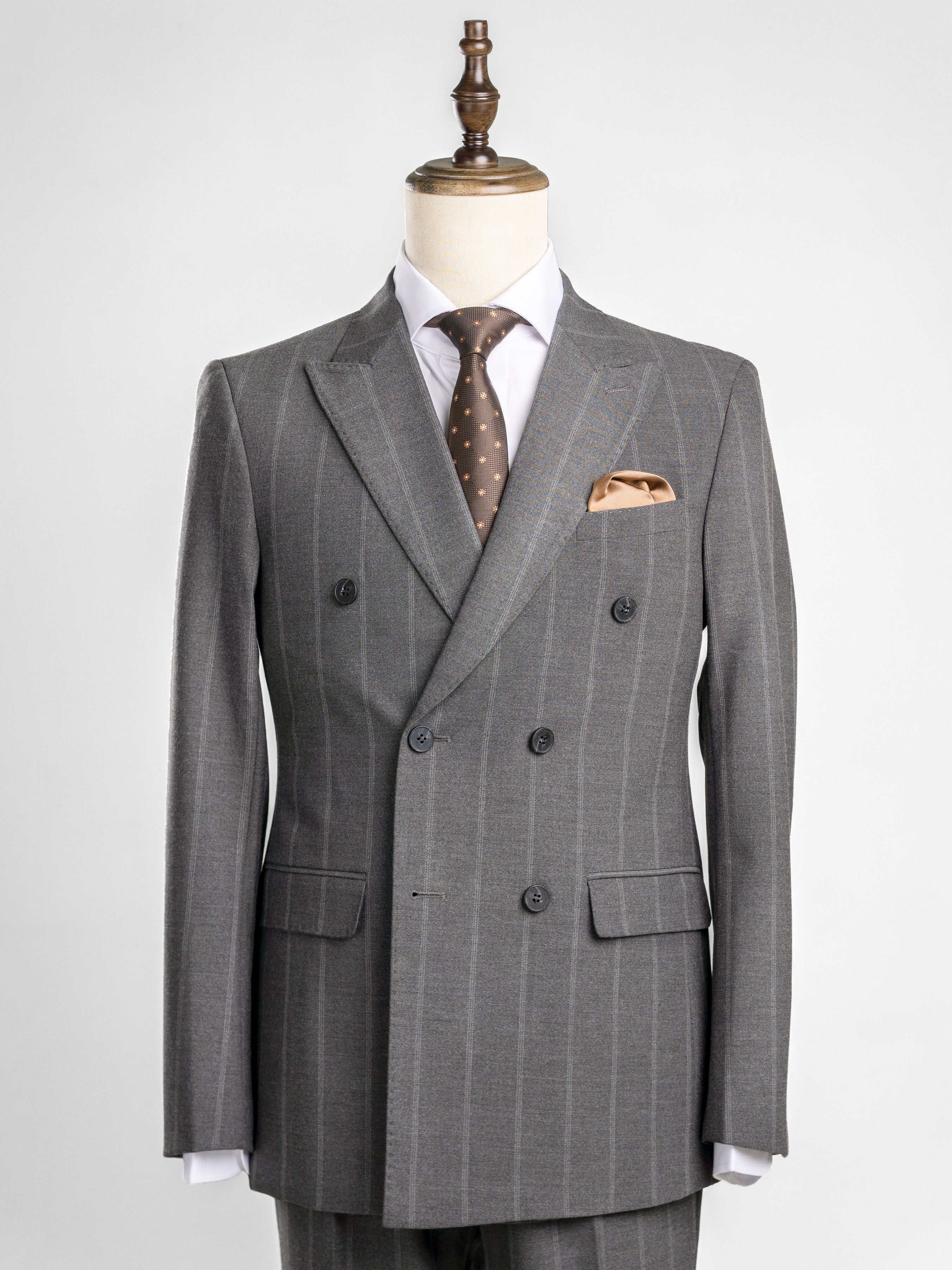 Double Breasted Suit Blazer - Dark Grey Wide Stripes (Peak Lapel)