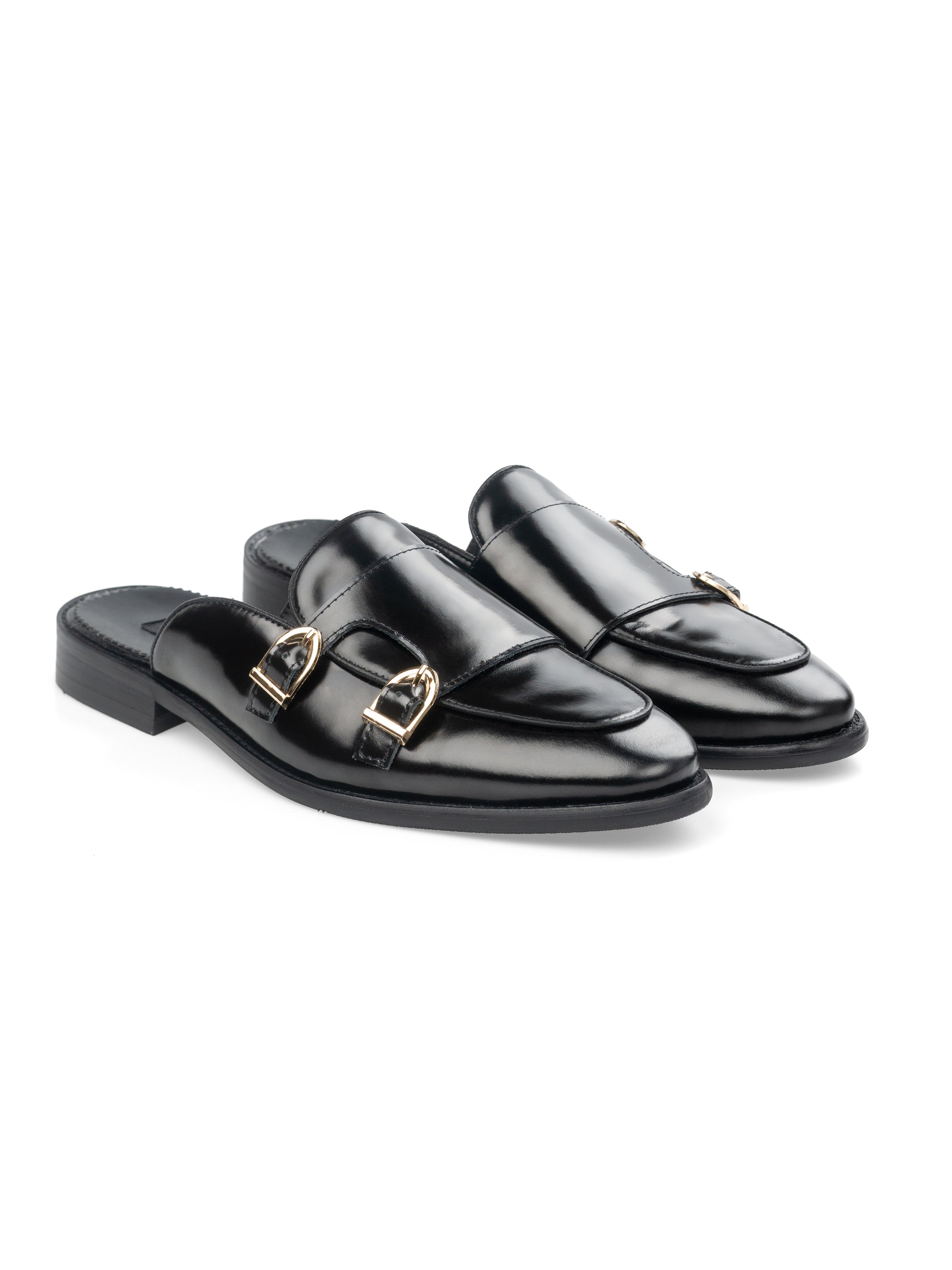 Mules Double Monk Strap - Black Patent Leather