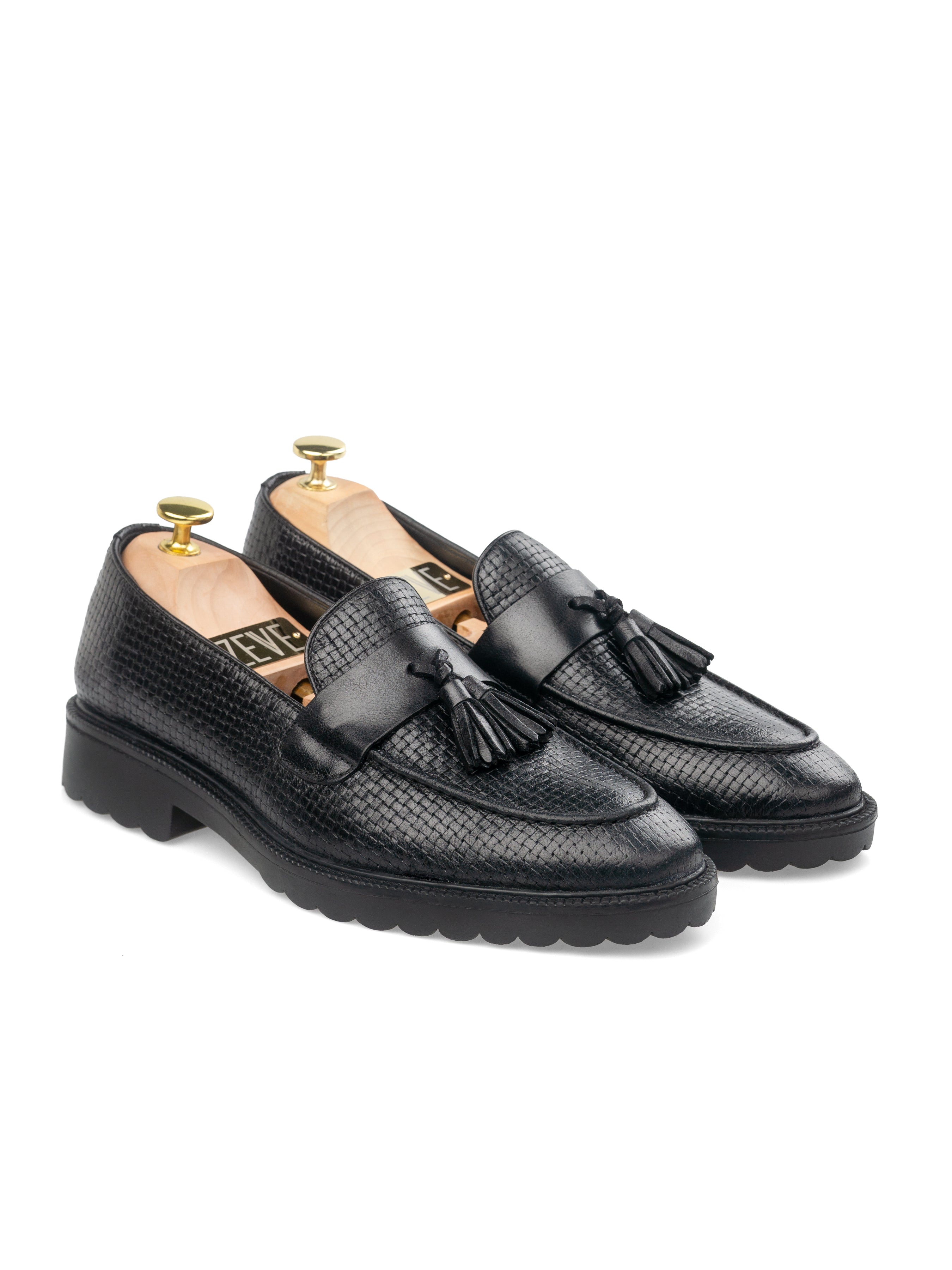 Rocky Tassel Loafer - Black Woven Leather with Solid Strap (Combat Sole)