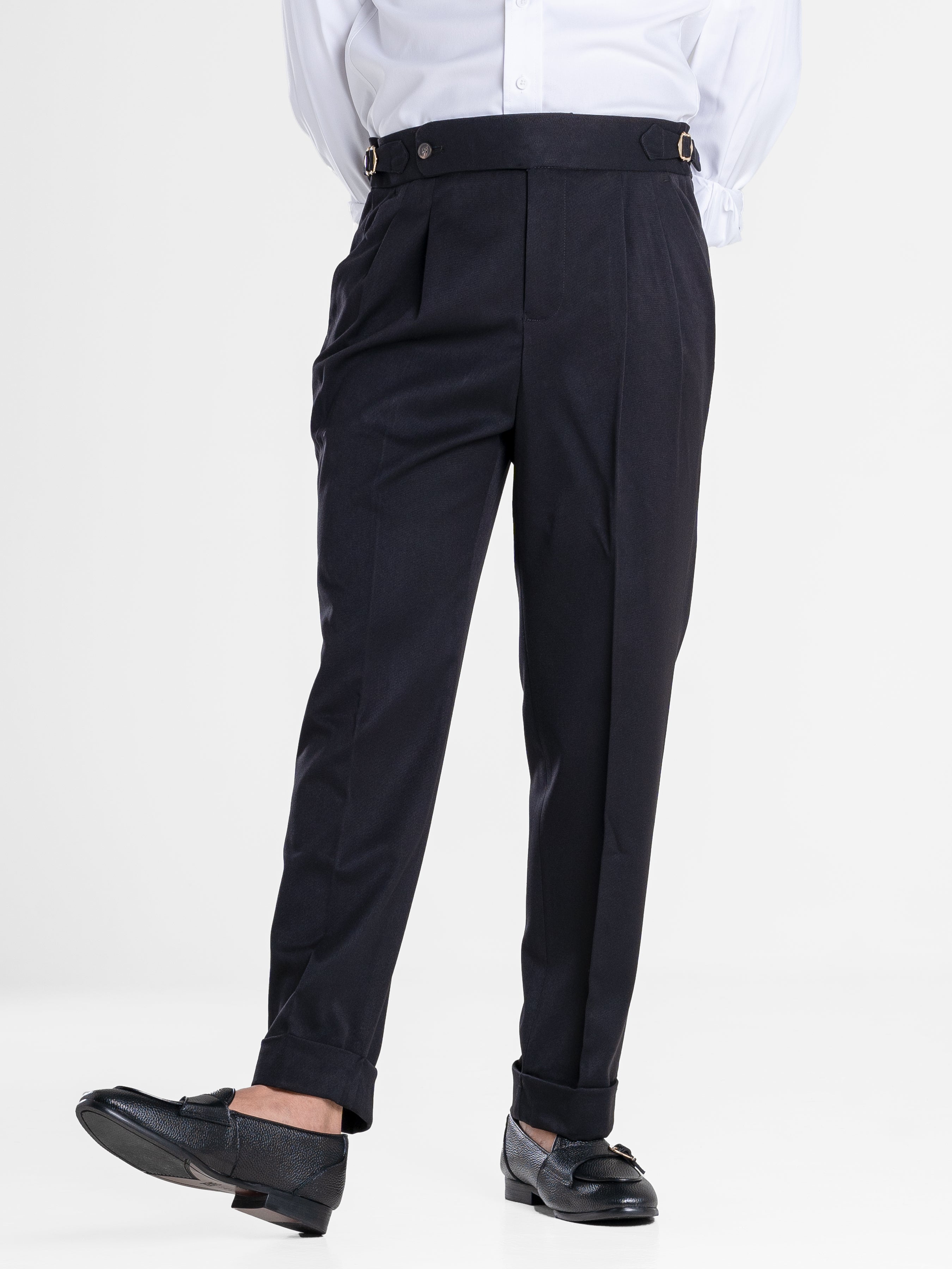 Trousers With Side Adjusters - Black Solid Cuffed (Stretchable) | Zeve ...