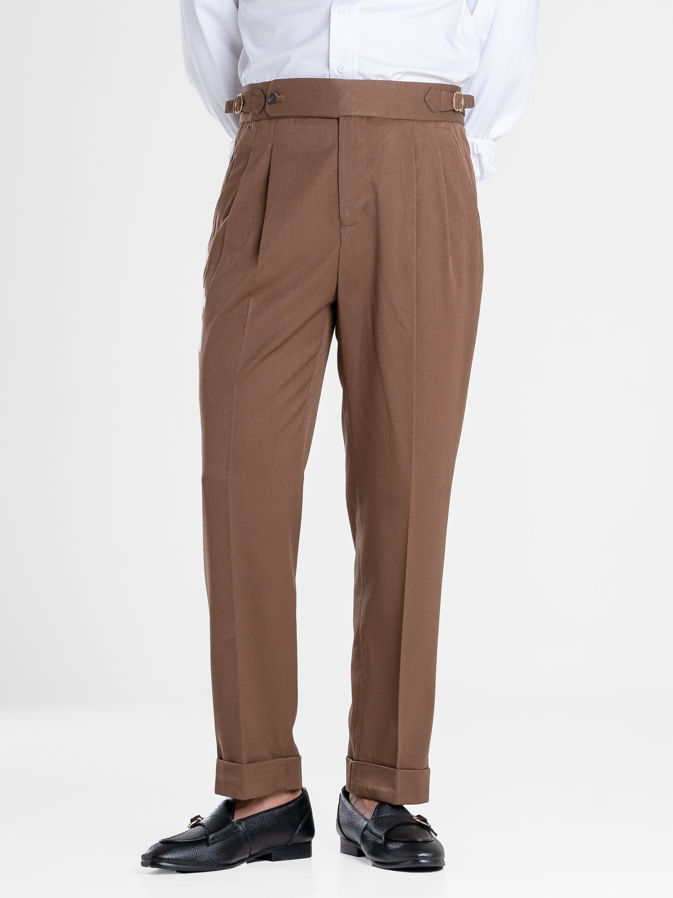 Trousers With Side Adjusters - Brown Plain Cuffed (Stretchable)