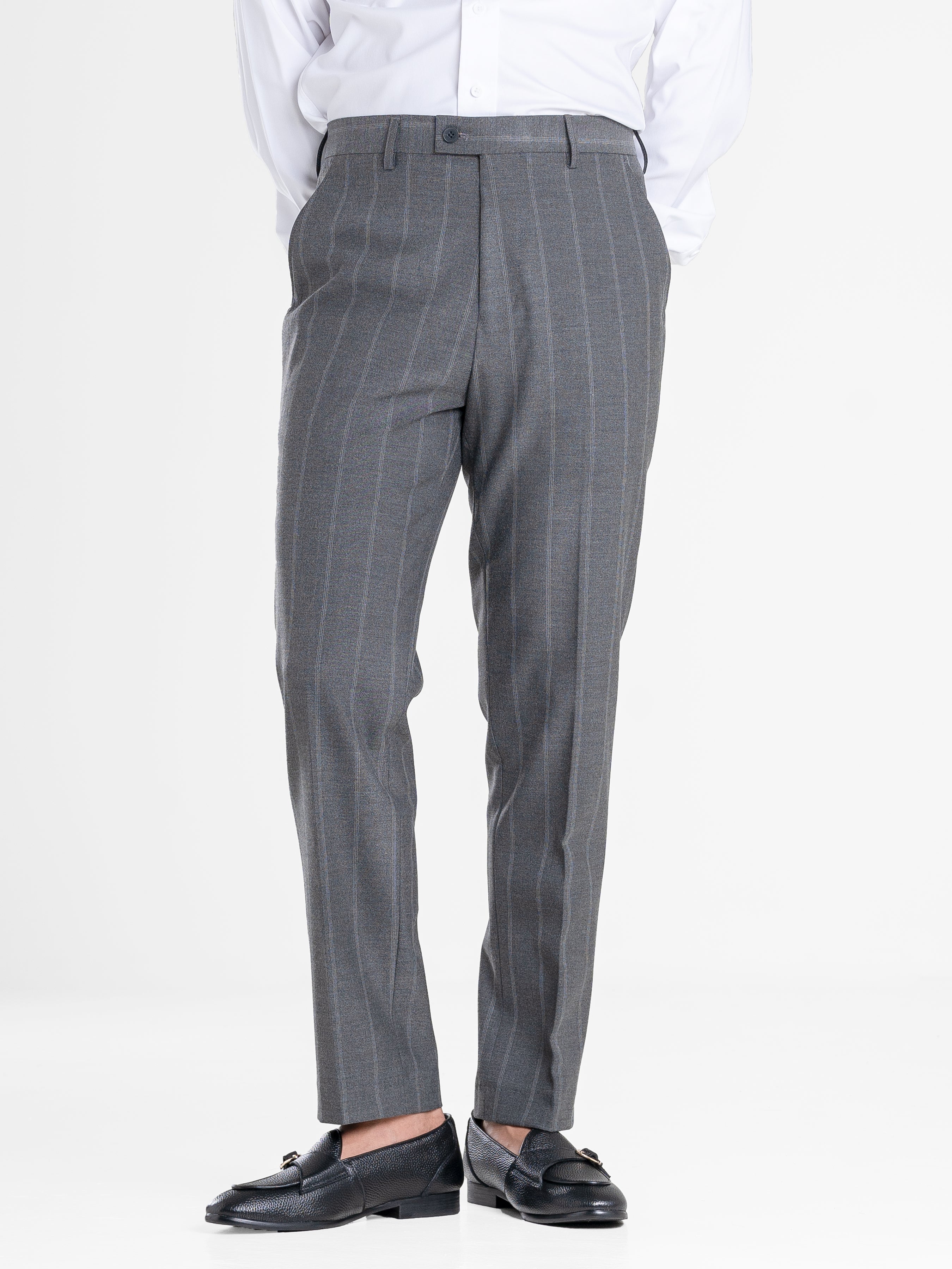 Trousers With Belt Loop -  Dark Grey Wide Stripes (Stretchable)