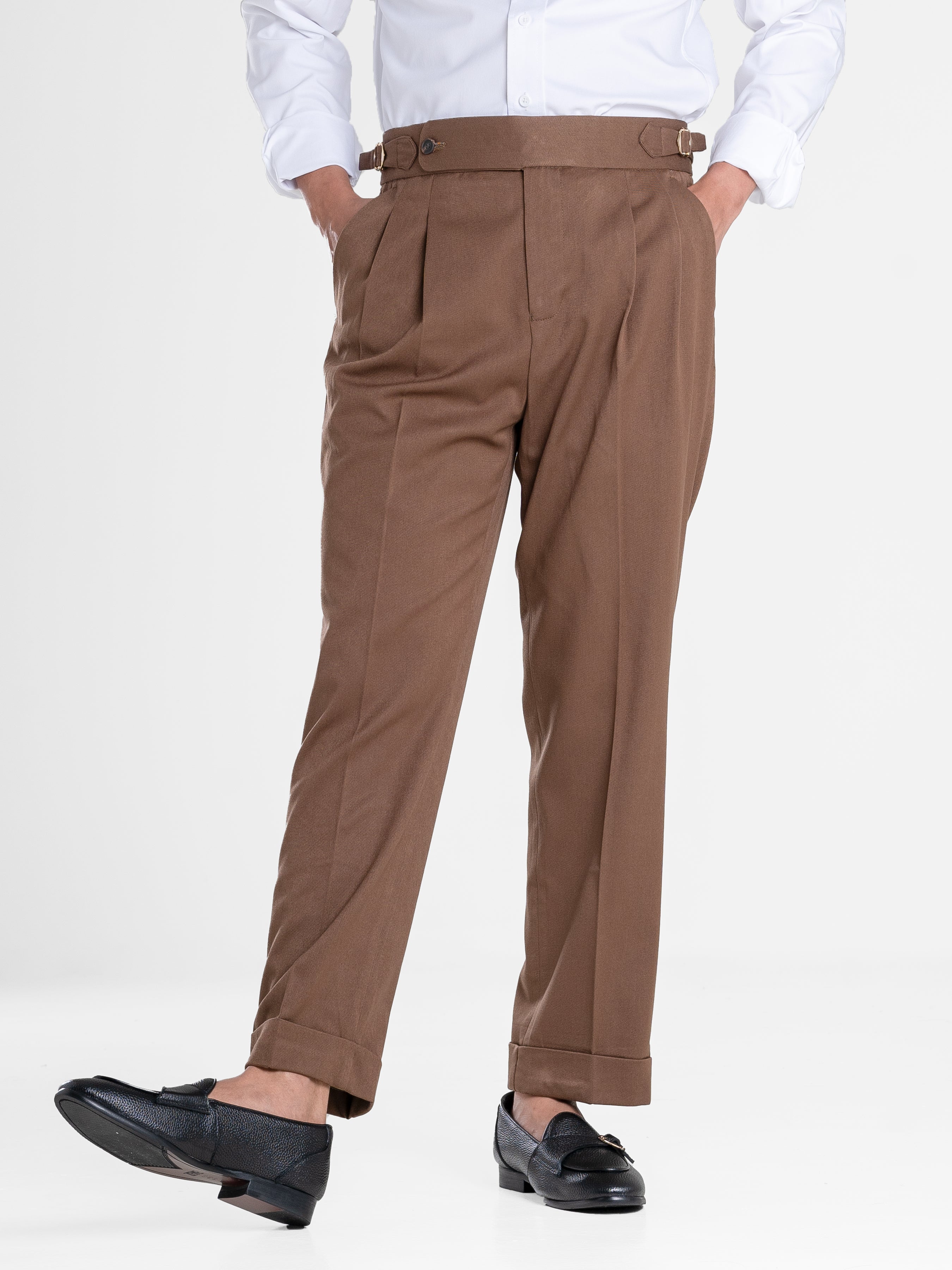 Trousers With Side Adjusters - Brown Plain Cuffed (Stretchable) | Zeve ...