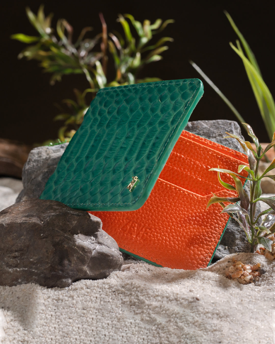 Artemis Python Wallet - Jade Green and Orange Leather