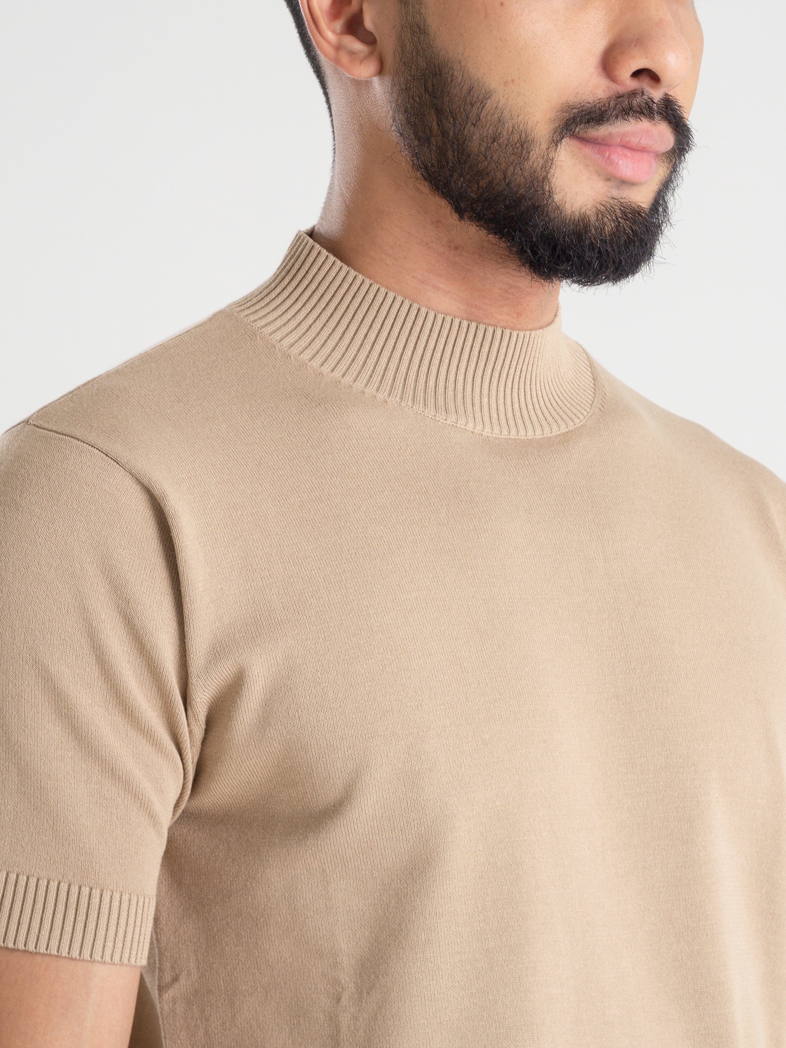 Knit Tee Ribbed Collar - Beige