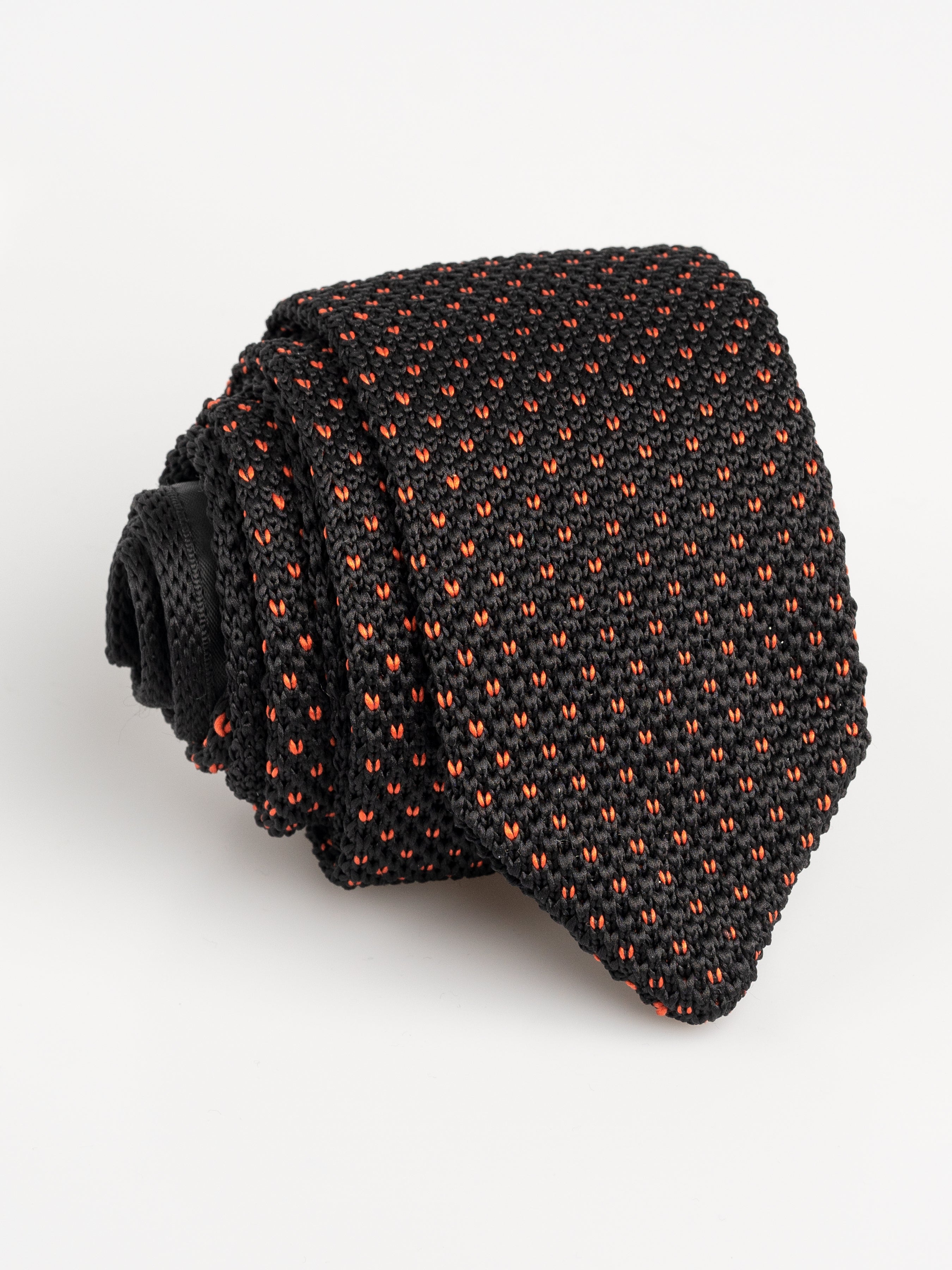 Knit Tie - Black With Orange Dot