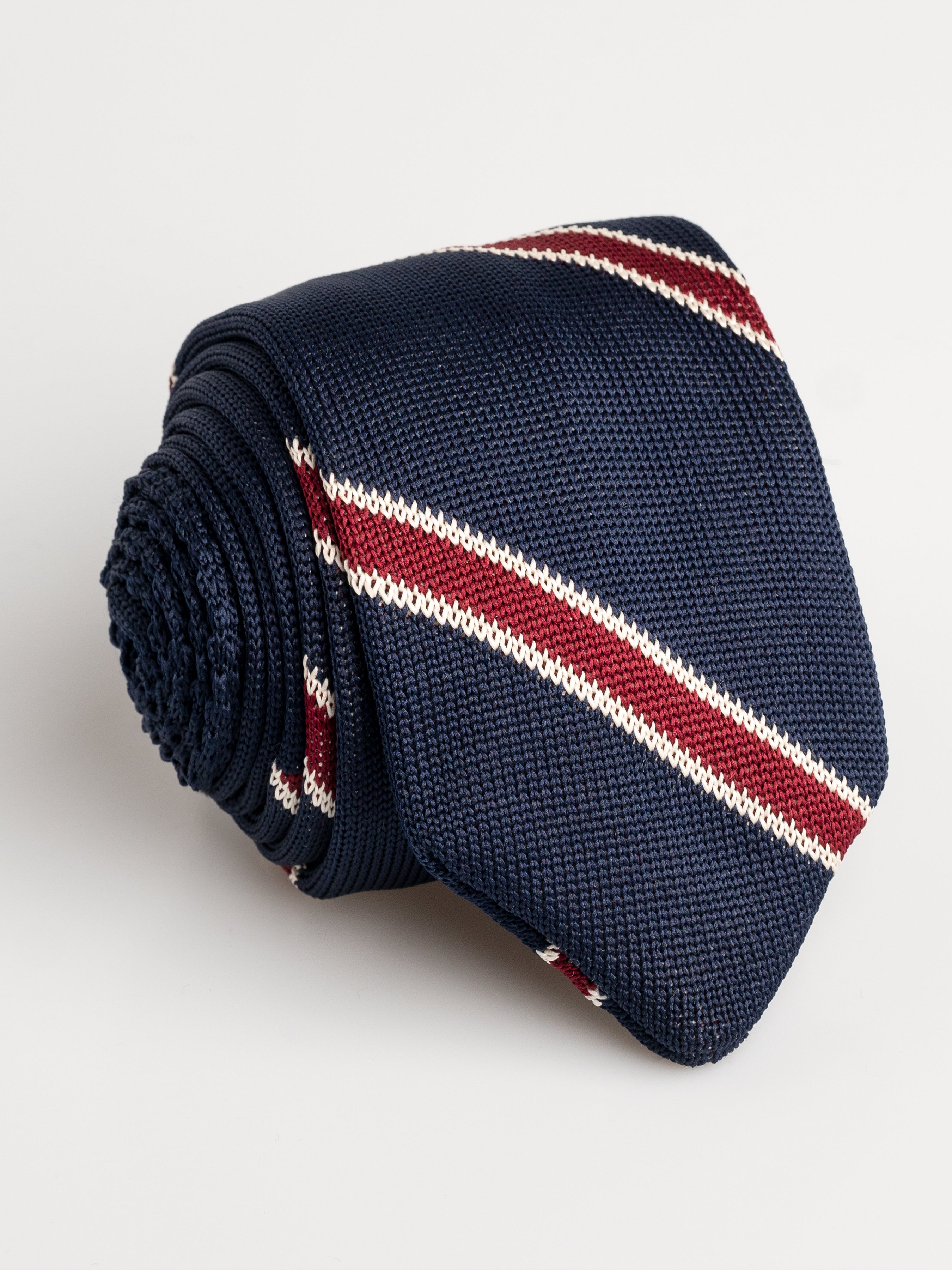 Knit Tie - Navy Blue Red White Stripes