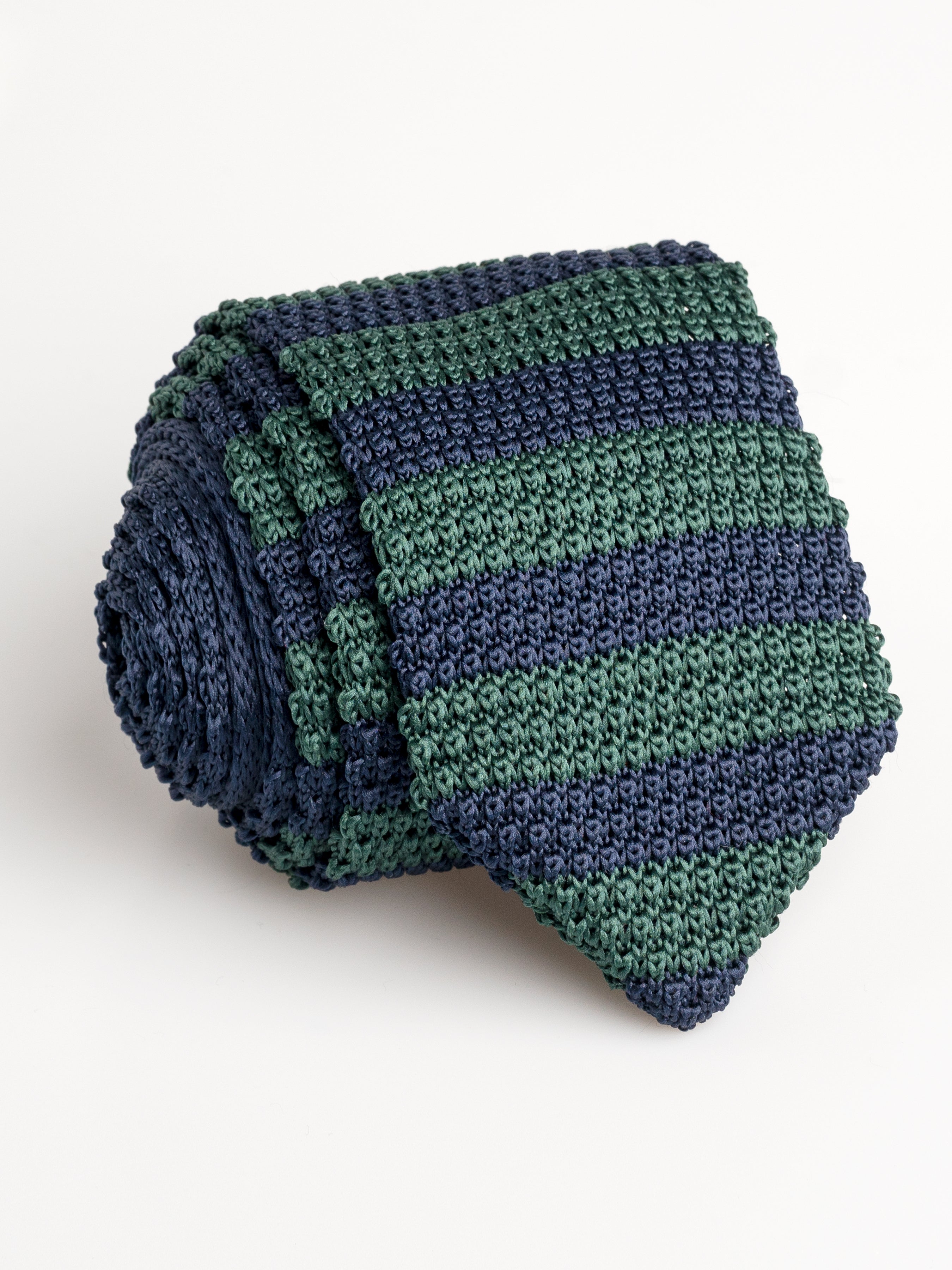 Knit Tie - Navy Blue With Green Stripes