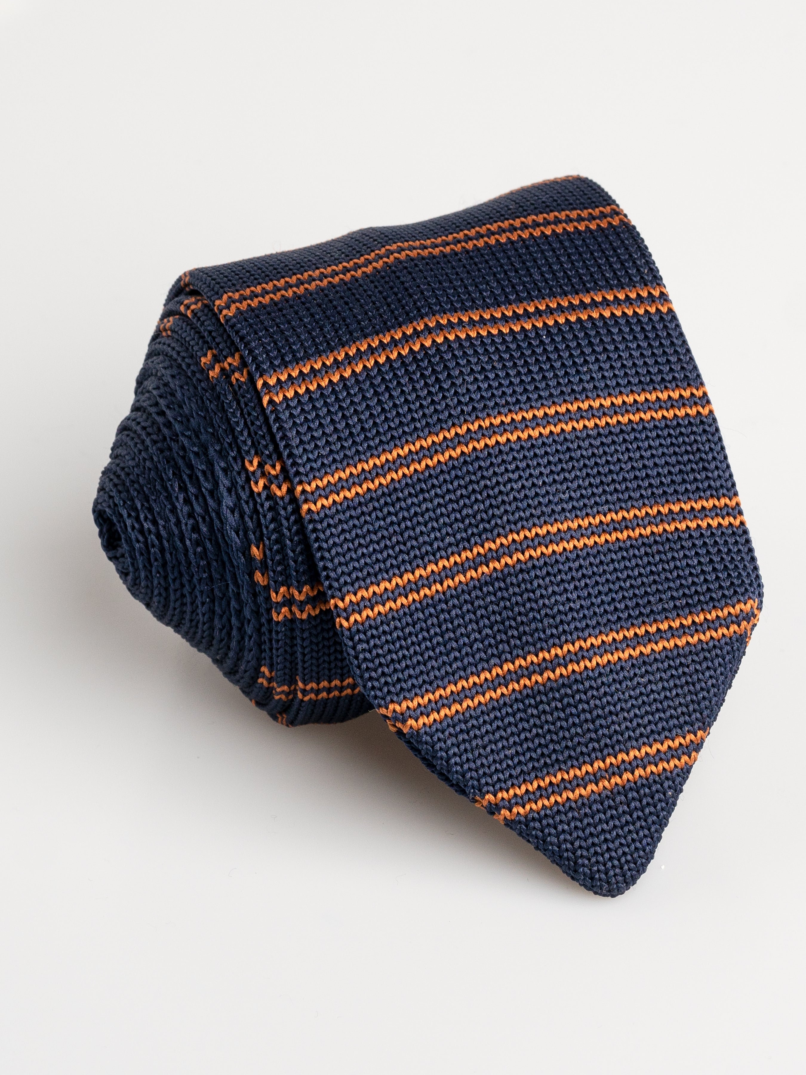 Knit Tie - Navy Blue With Orange Double Stripes