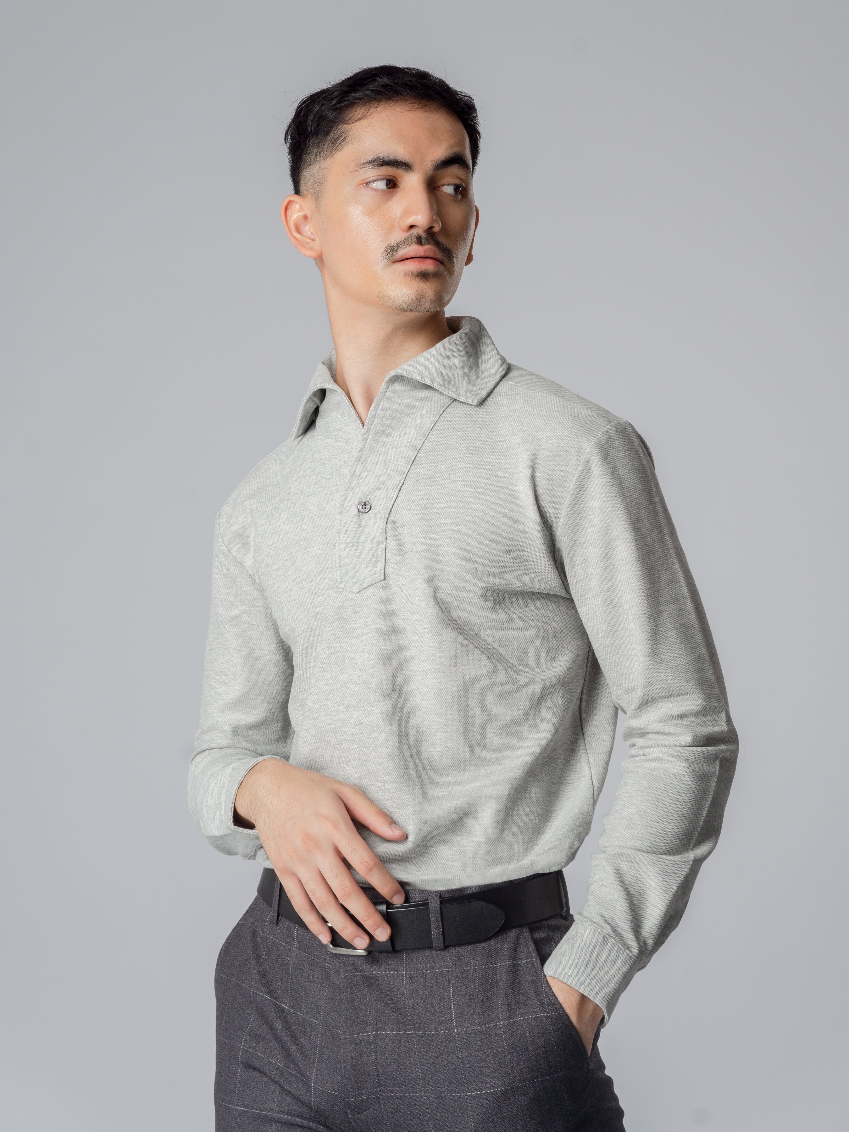 Long Sleeve Polo Shirt - Grey One-Piece Collar Single Button