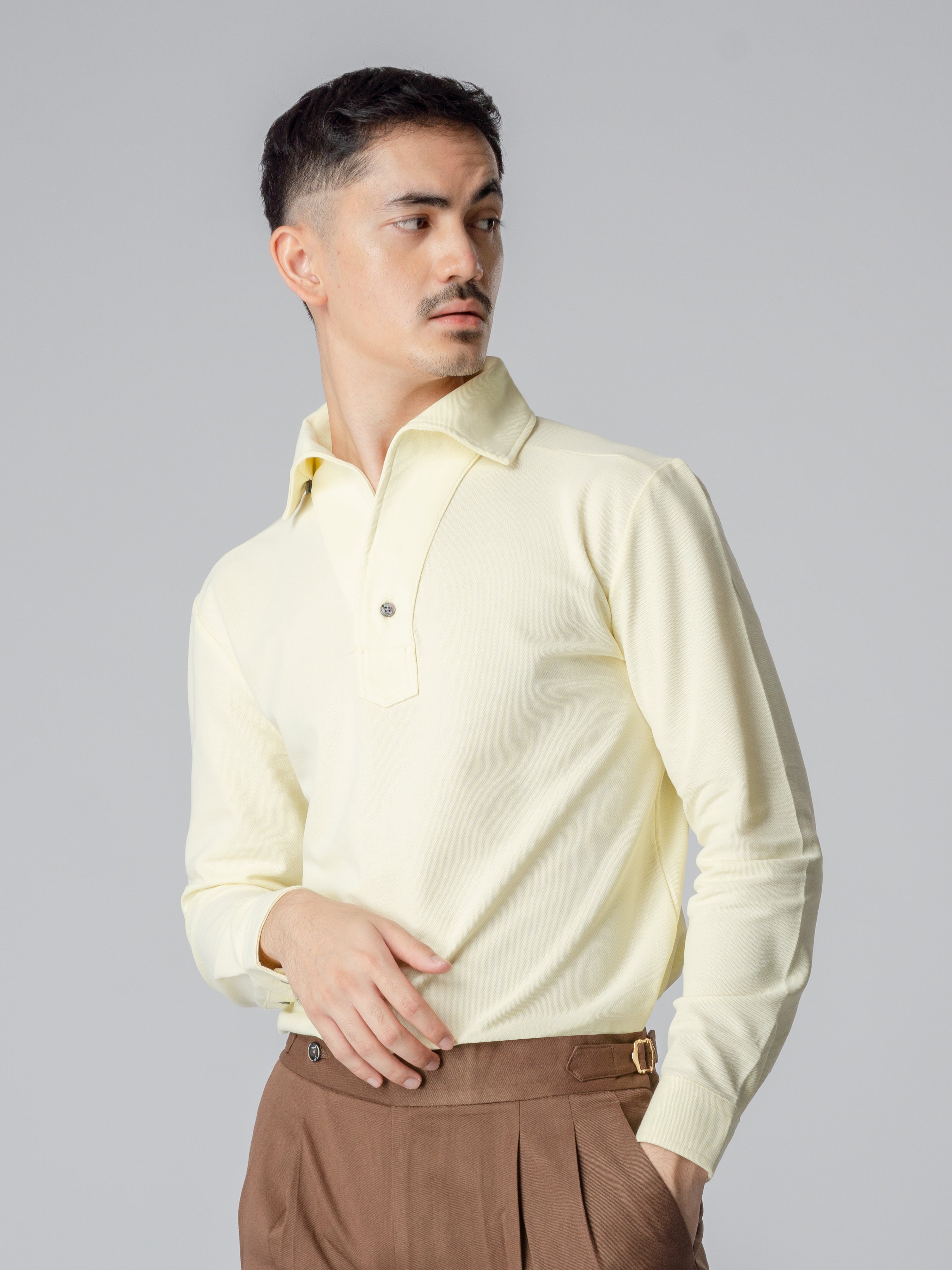 Long Sleeve Polo Shirt - Light Yellow One-Piece Collar Single Button