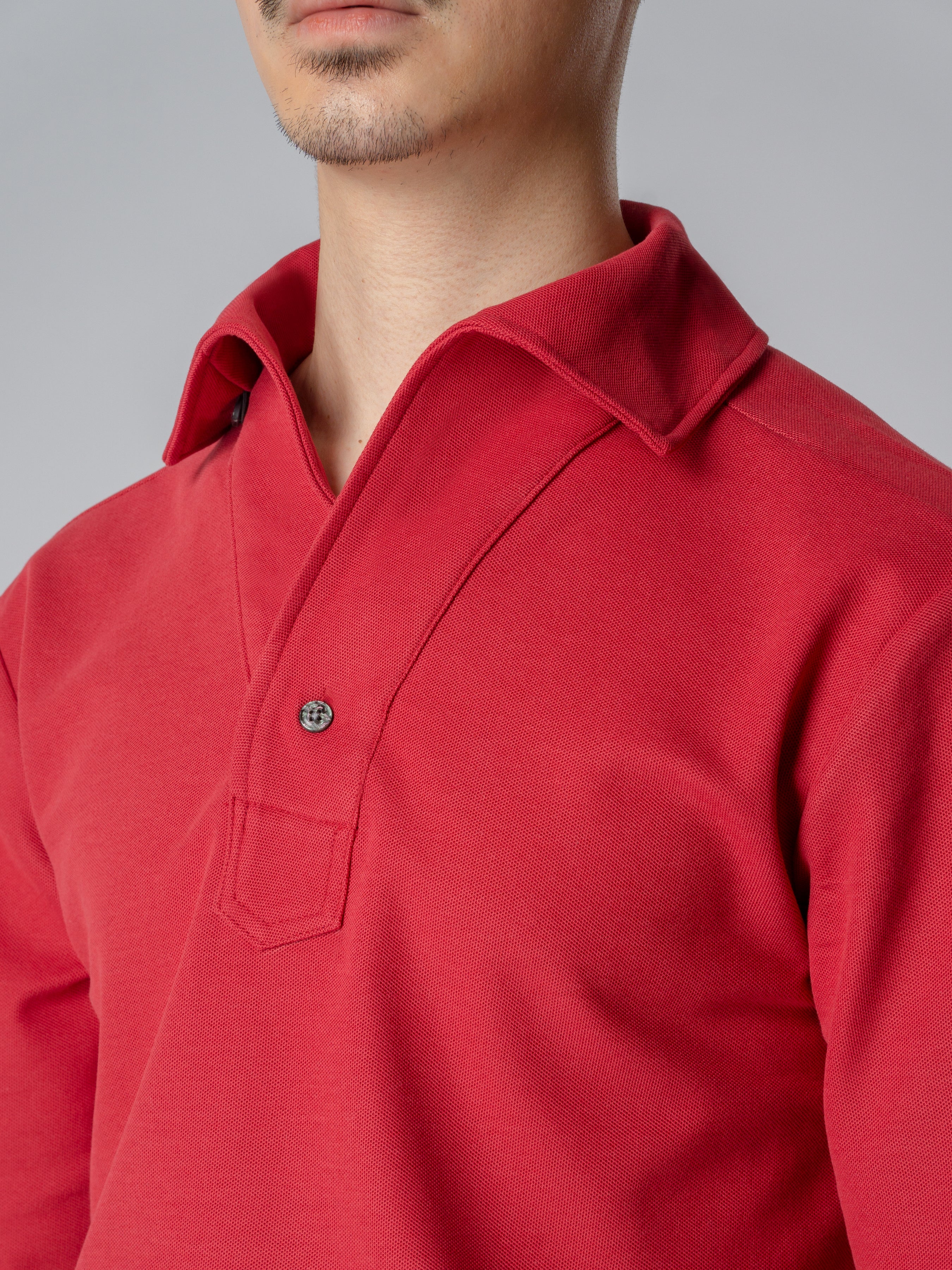 Long Sleeve Polo Shirt - Red One-Piece Collar Single Button