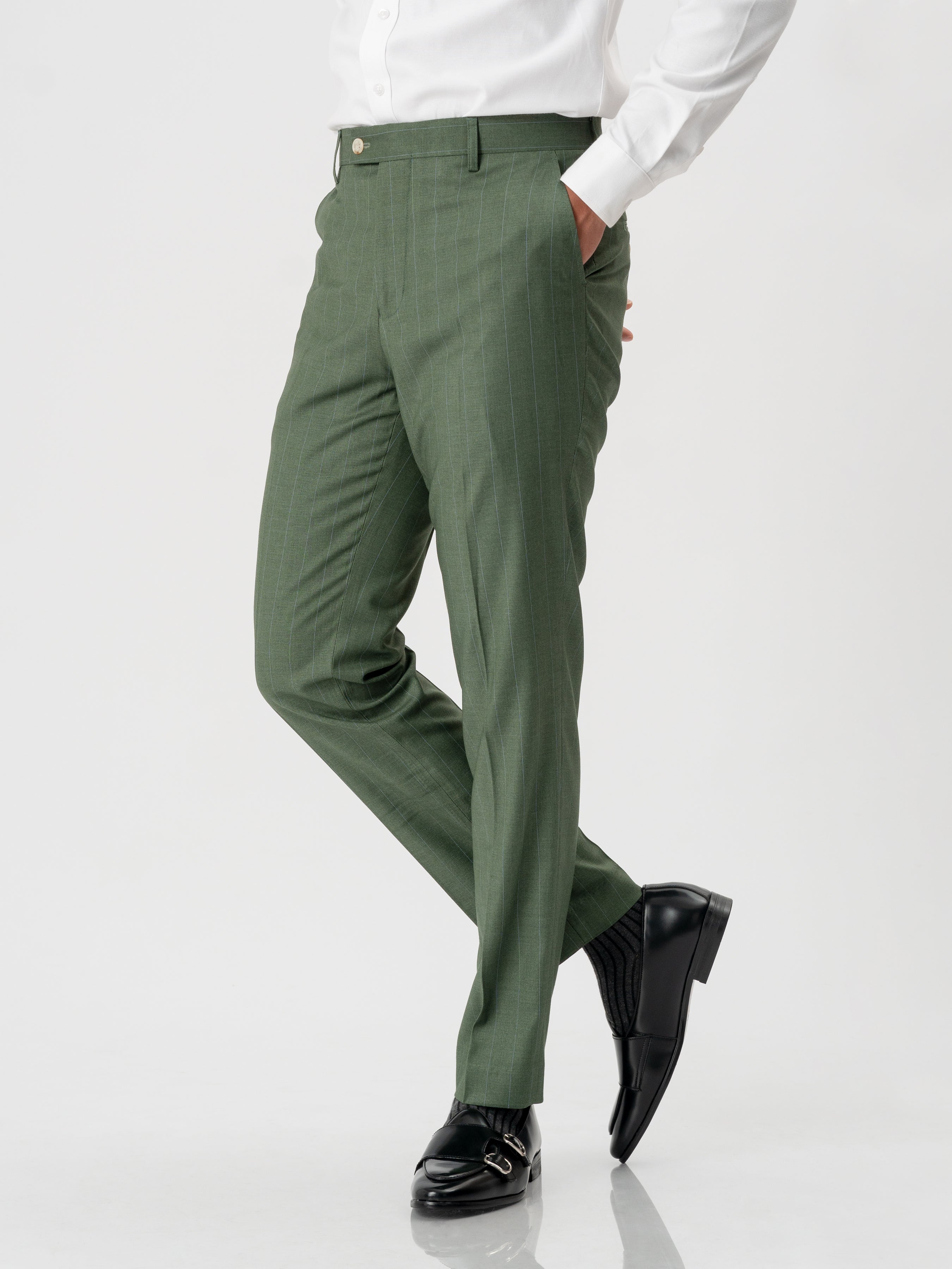 Trousers With Belt Loop -  Moss Green Stripes (Stretchable)