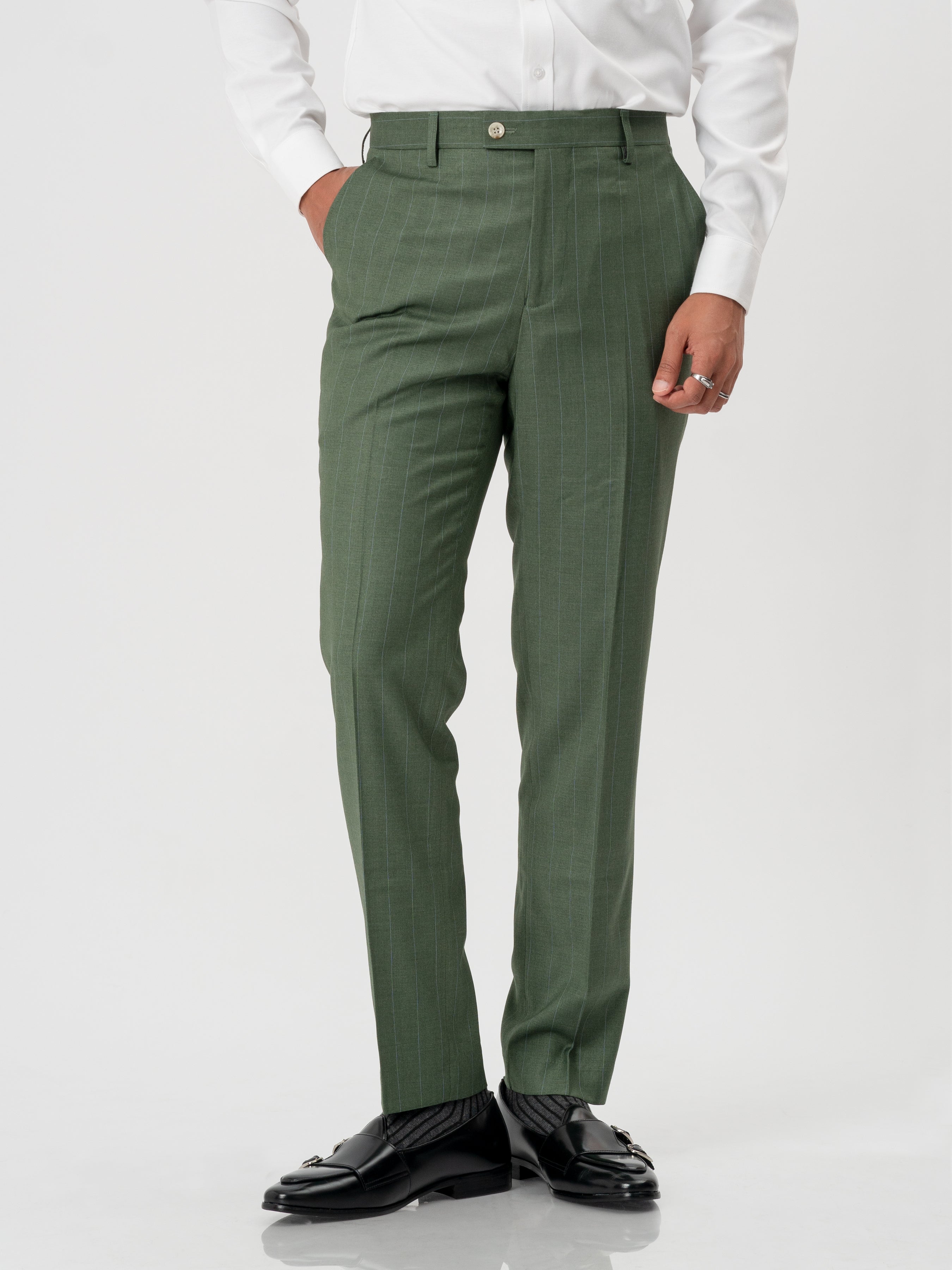 Trousers With Belt Loop -  Moss Green Stripes (Stretchable)