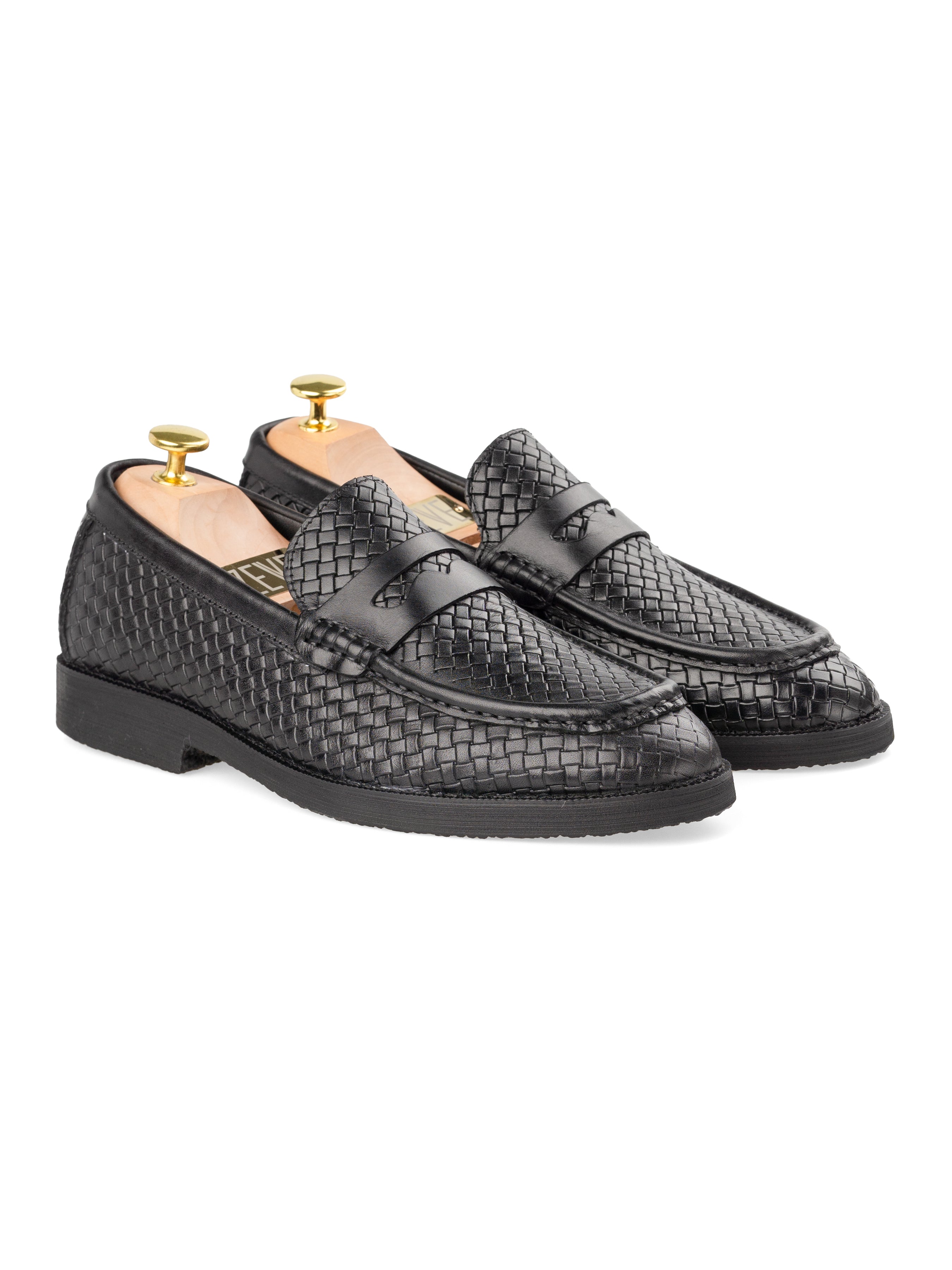 Penny Moccasin Loafer - Black Woven Leather (Crepe Sole)