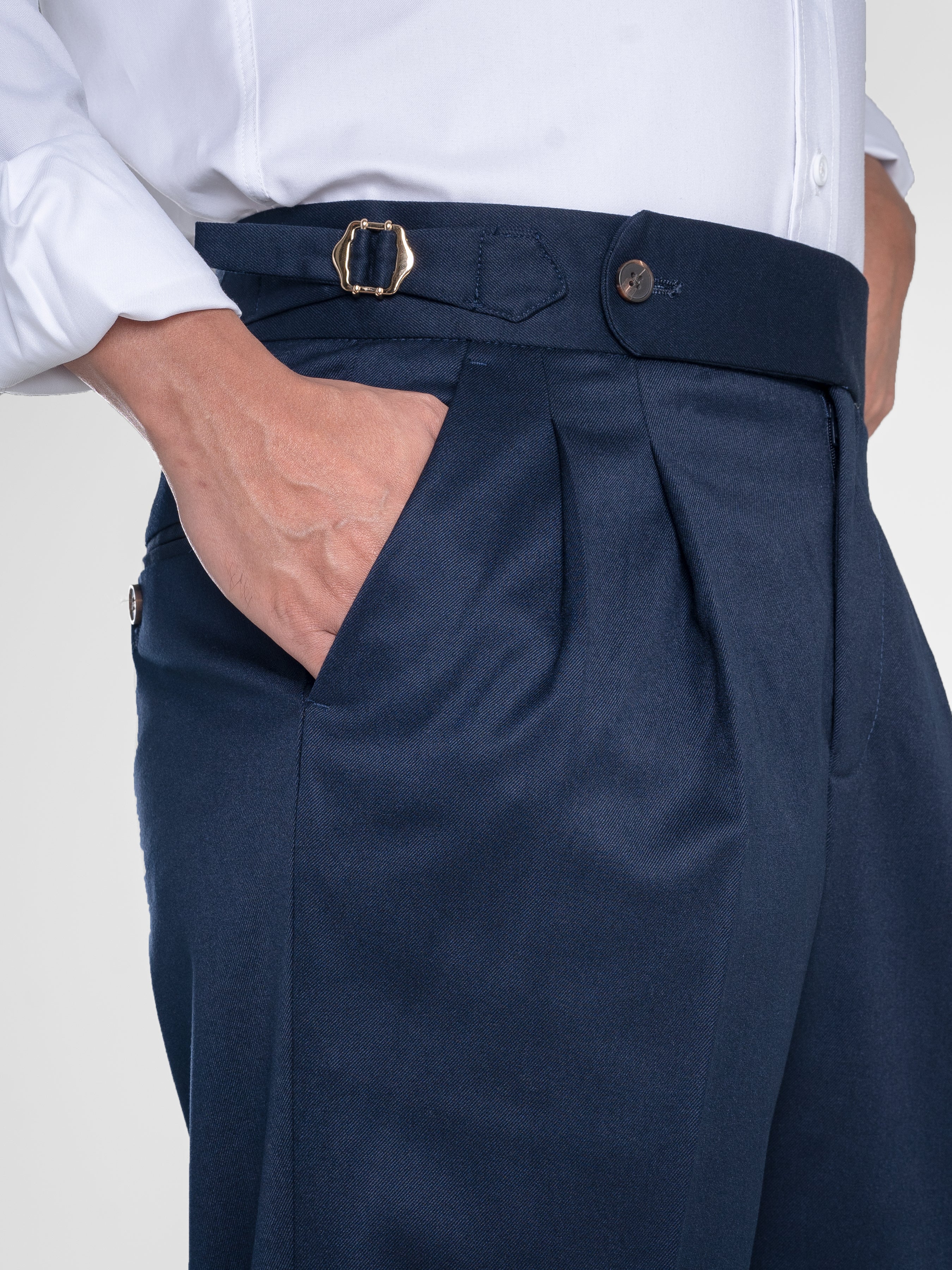 Trousers With Side Adjusters - Deep Blue Plain Cuffed (Stretchable ...