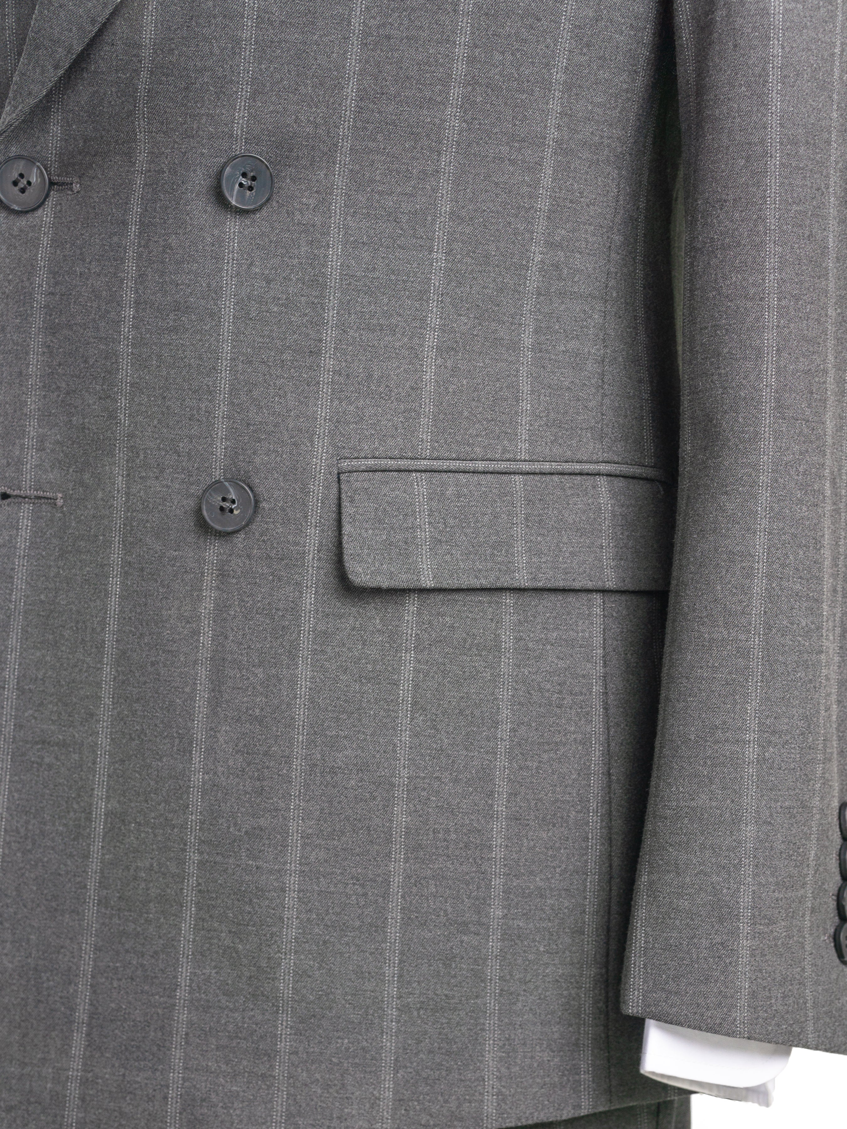 Double Breasted Suit Blazer - Dark Grey Wide Stripes (Peak Lapel)