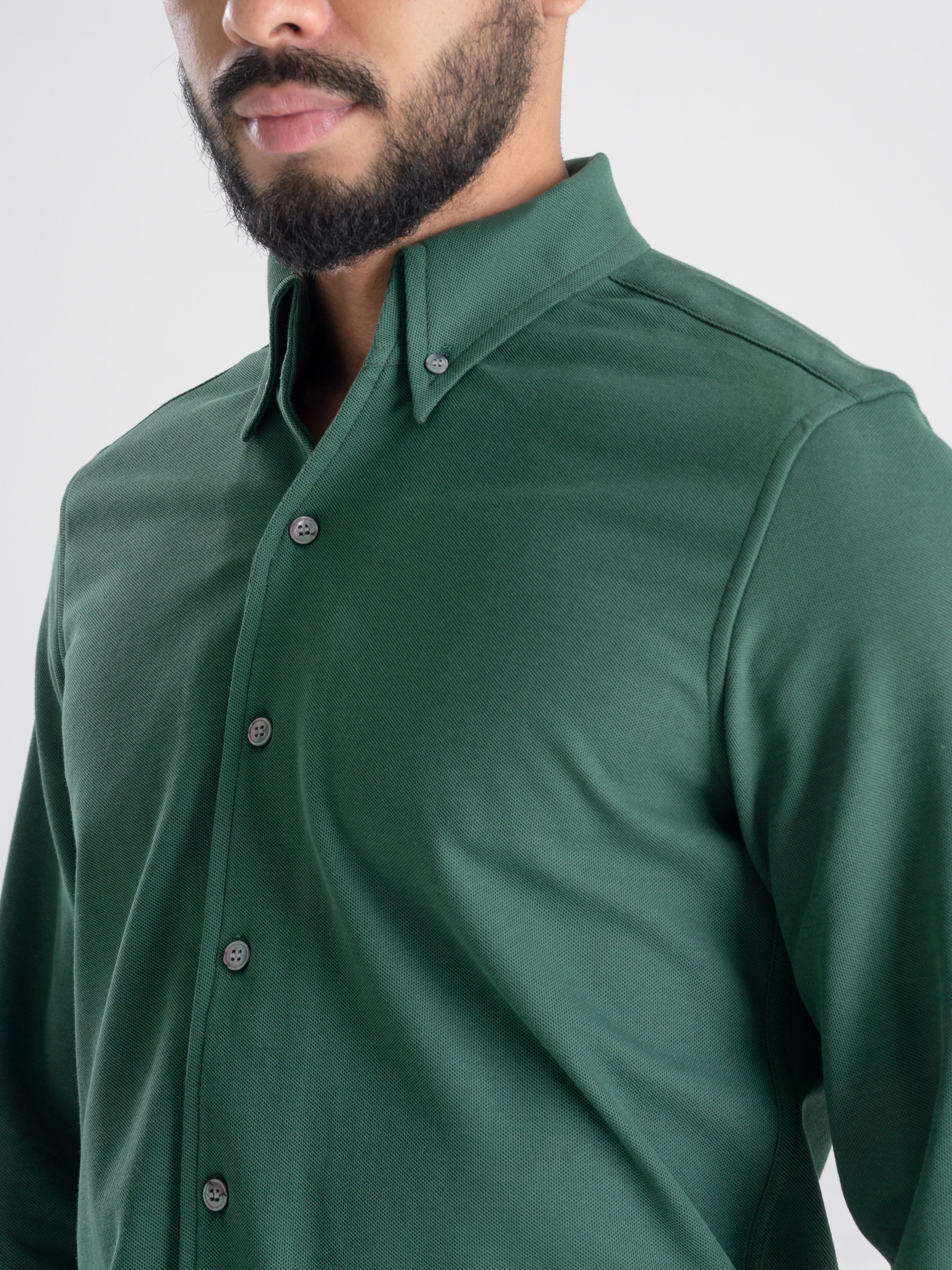 Long Sleeve Polo Shirt - Forest Green Button Down