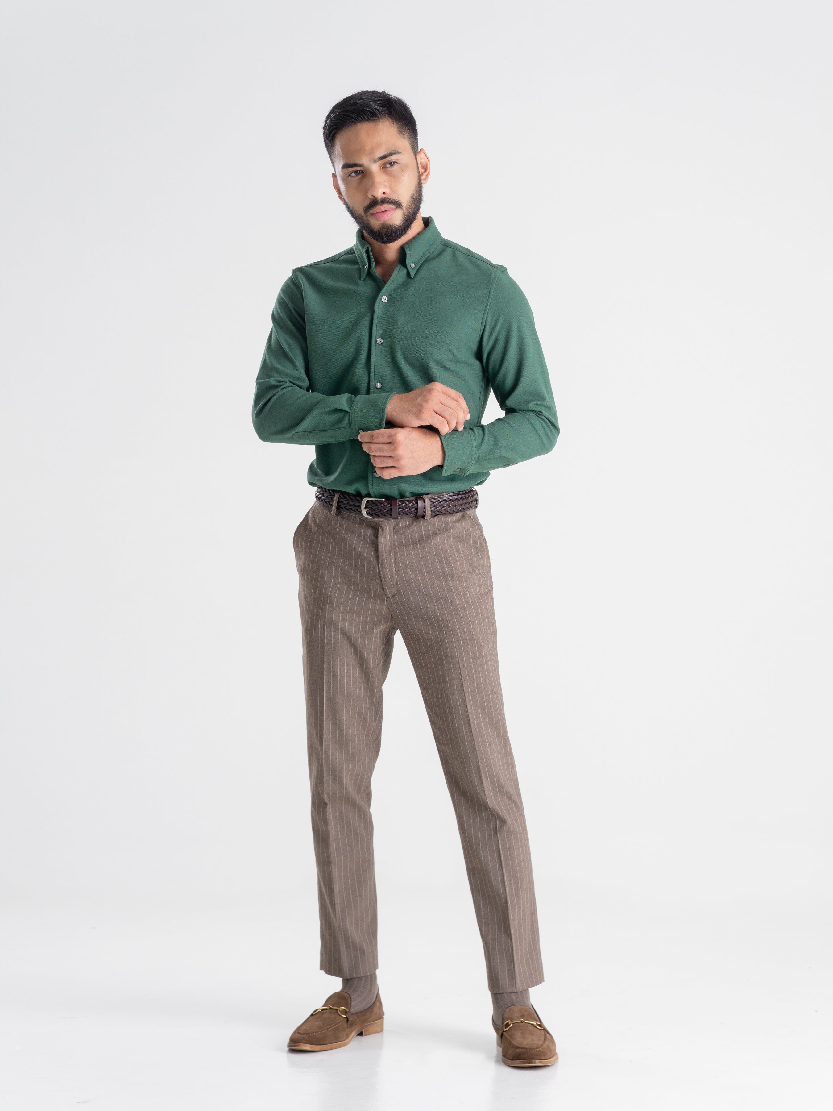 Long Sleeve Polo Shirt - Forest Green Button Down