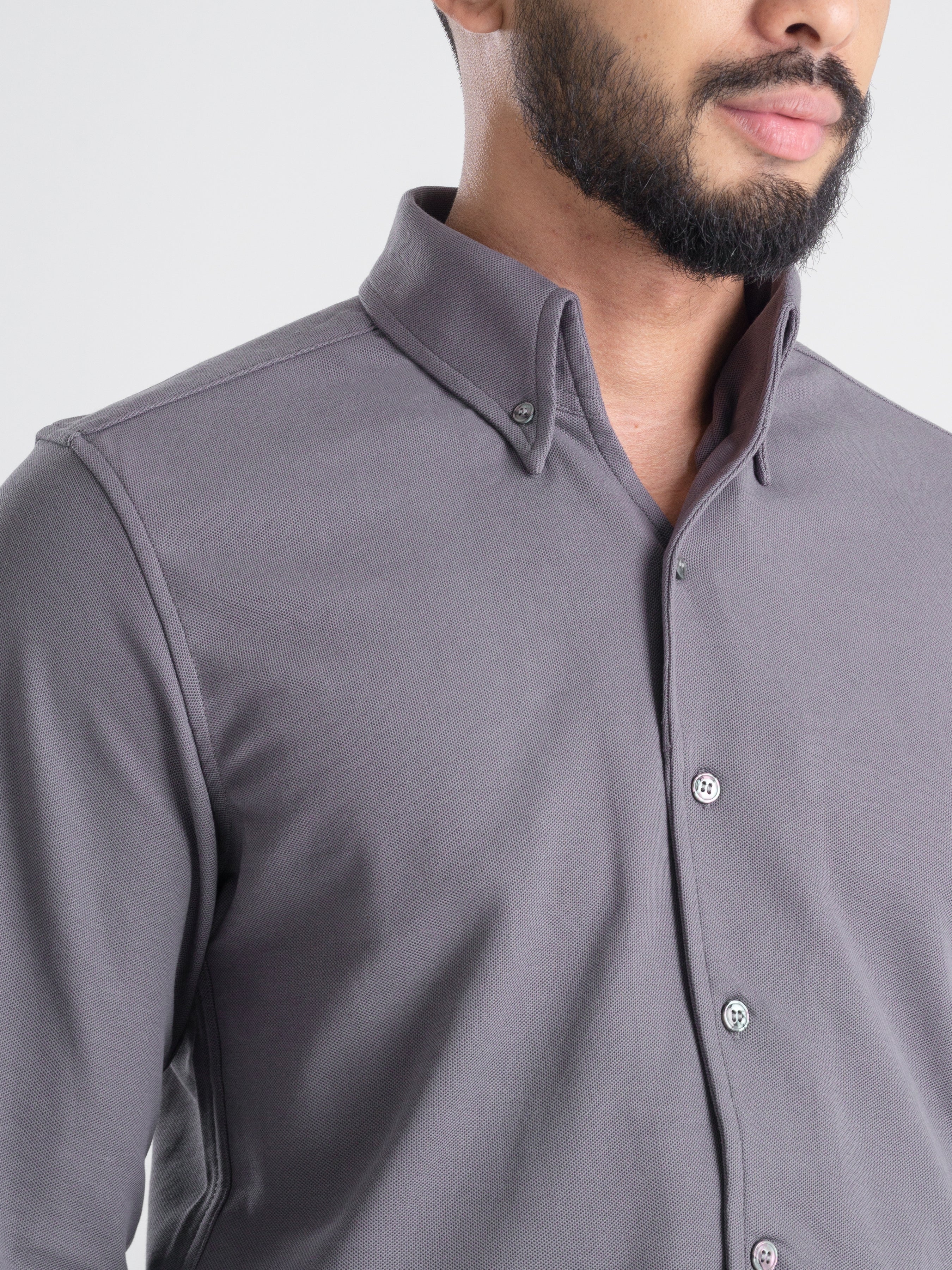 Long Sleeve Polo Shirt - Smokey Grey Button Down