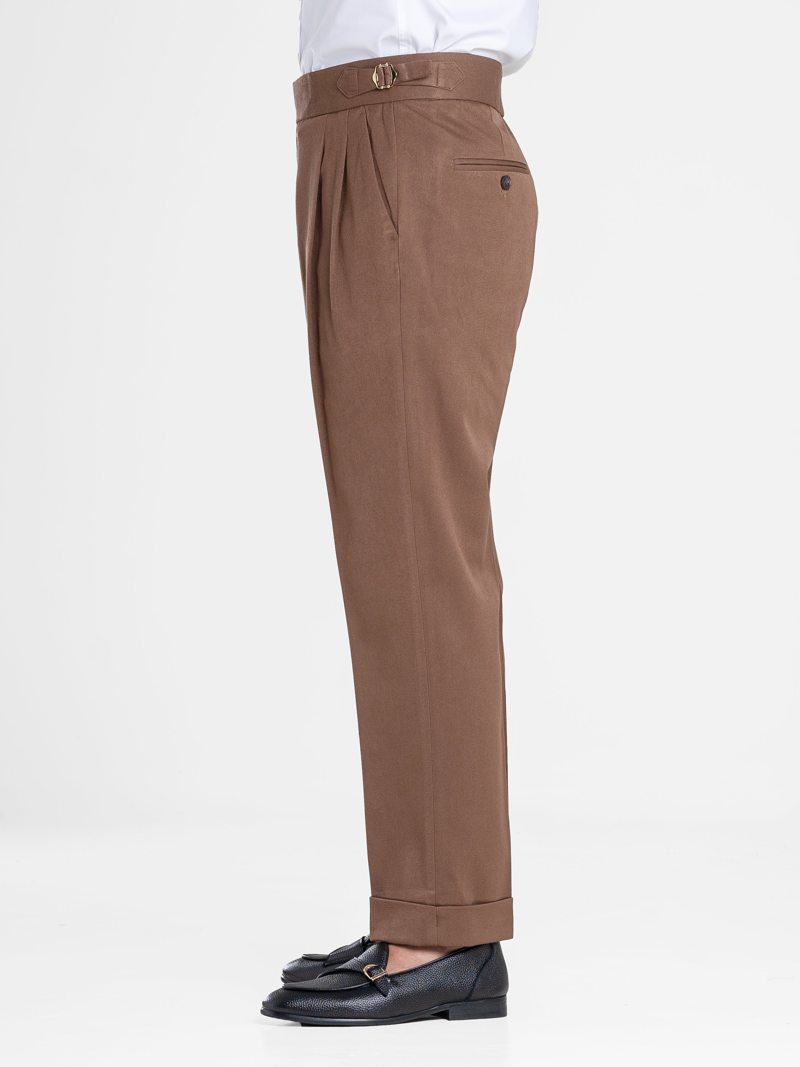 Trousers With Side Adjusters - Brown Plain Cuffed (Stretchable)