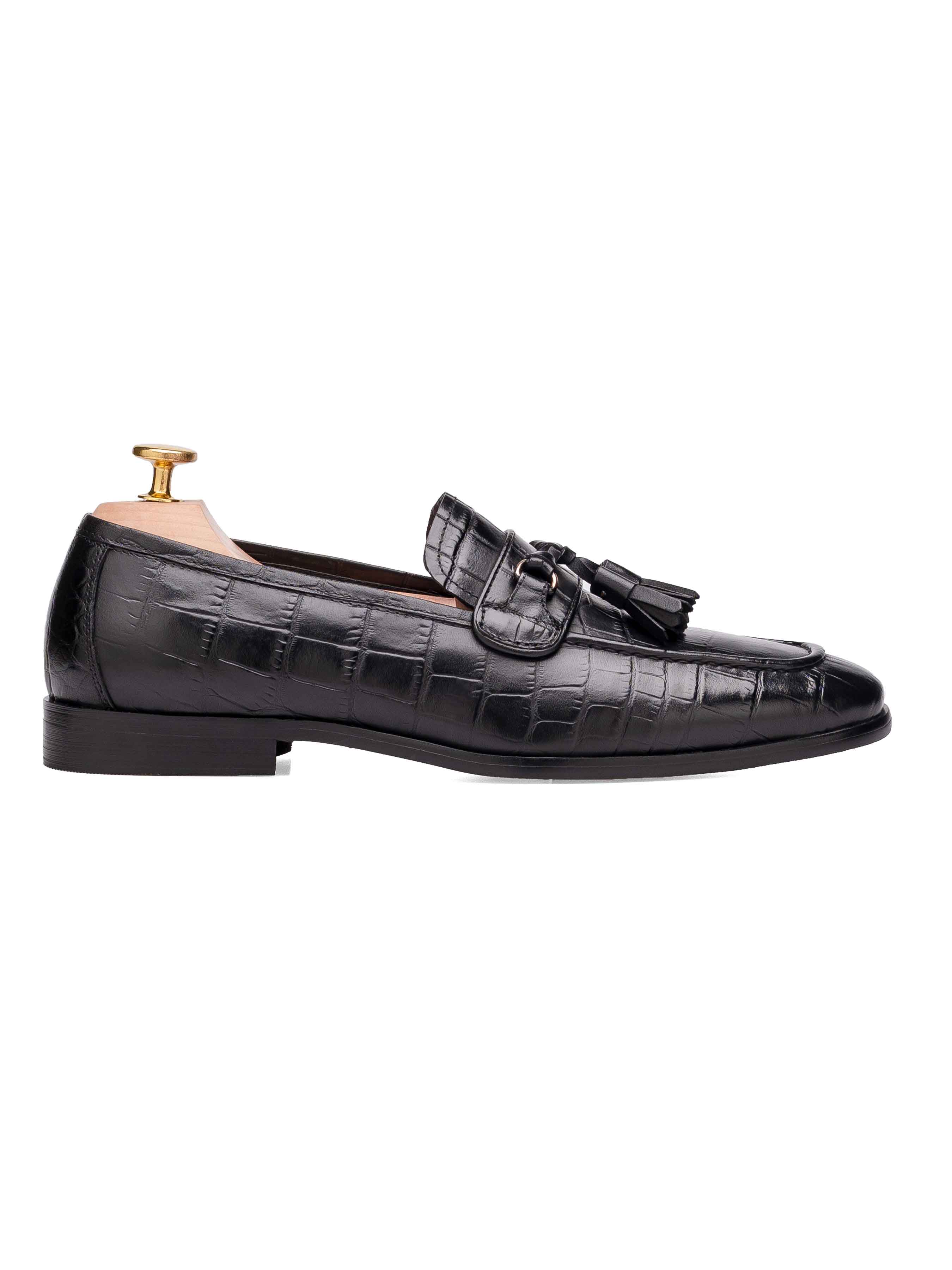 Elvio Tassel Loafer - Black Croco Polished Leather