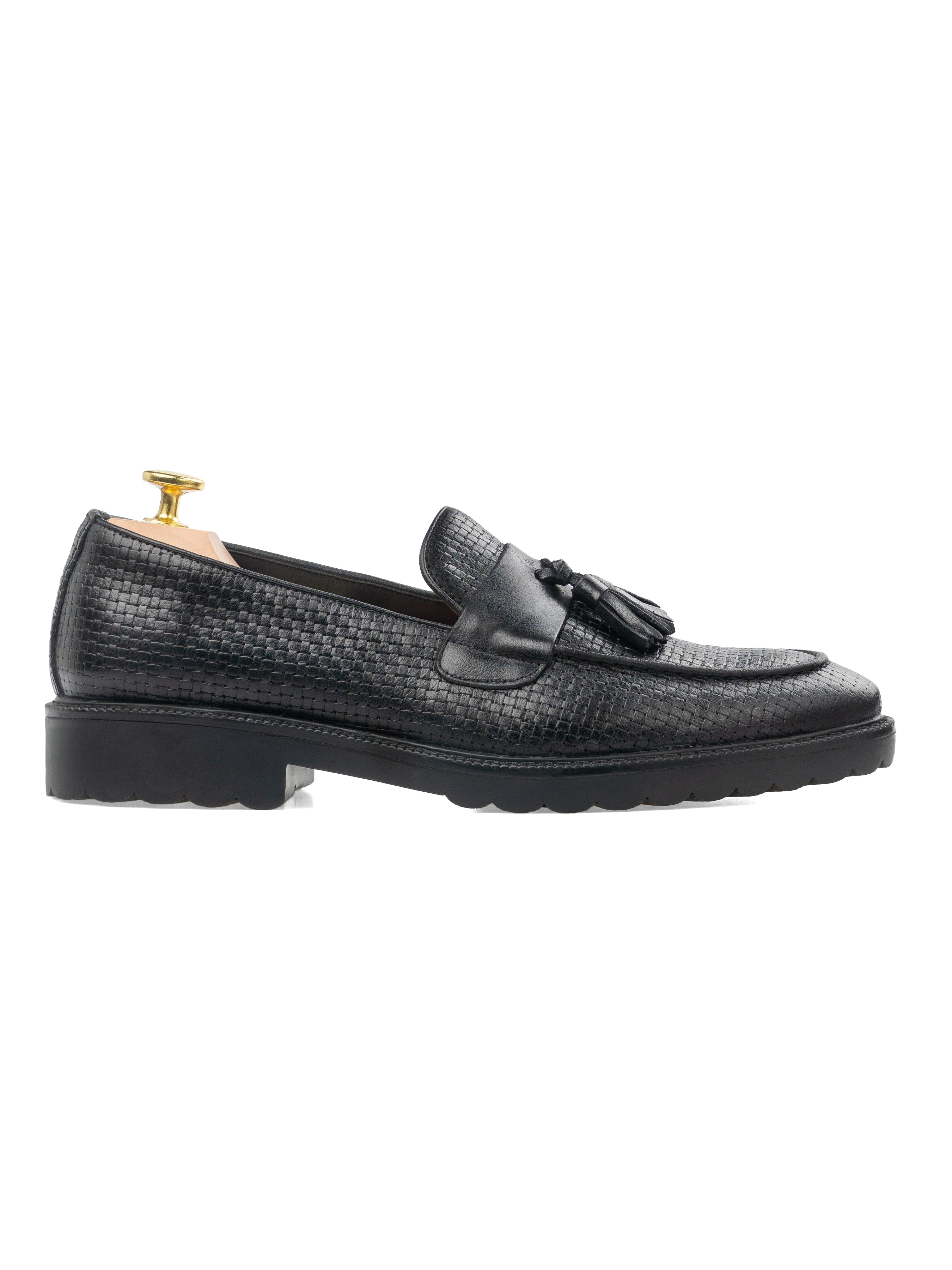 Rocky Tassel Loafer - Black Woven Leather with Solid Strap (Combat Sole)