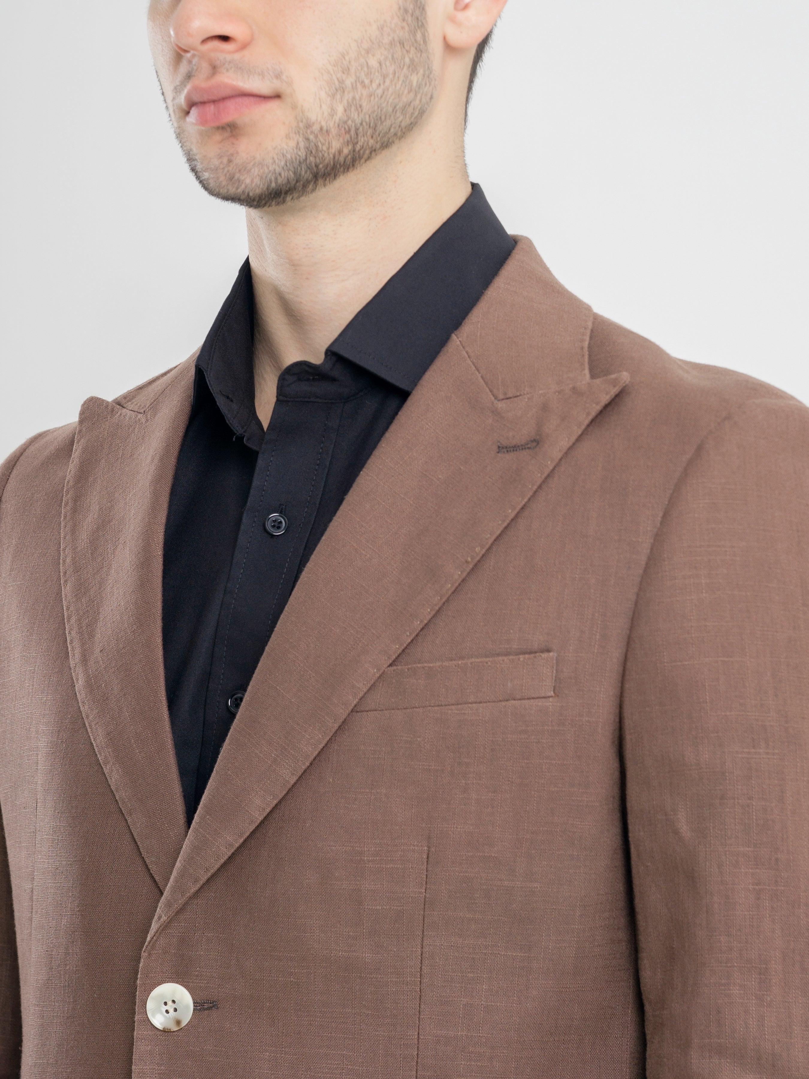 Single Breasted Suit Blazer - Linen Coffee Plain (Peak Lapel)