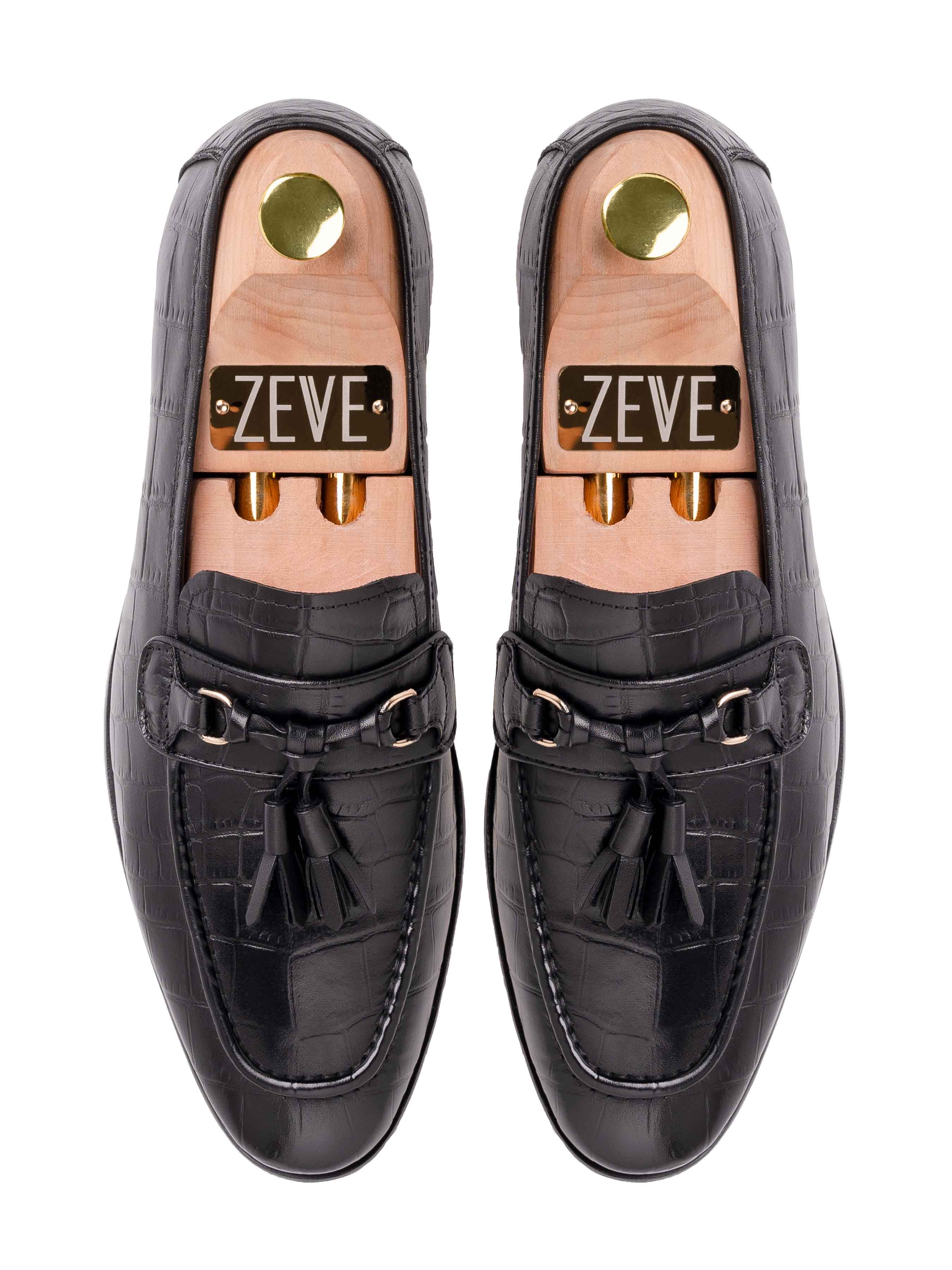 Elvio Tassel Loafer - Black Croco Polished Leather